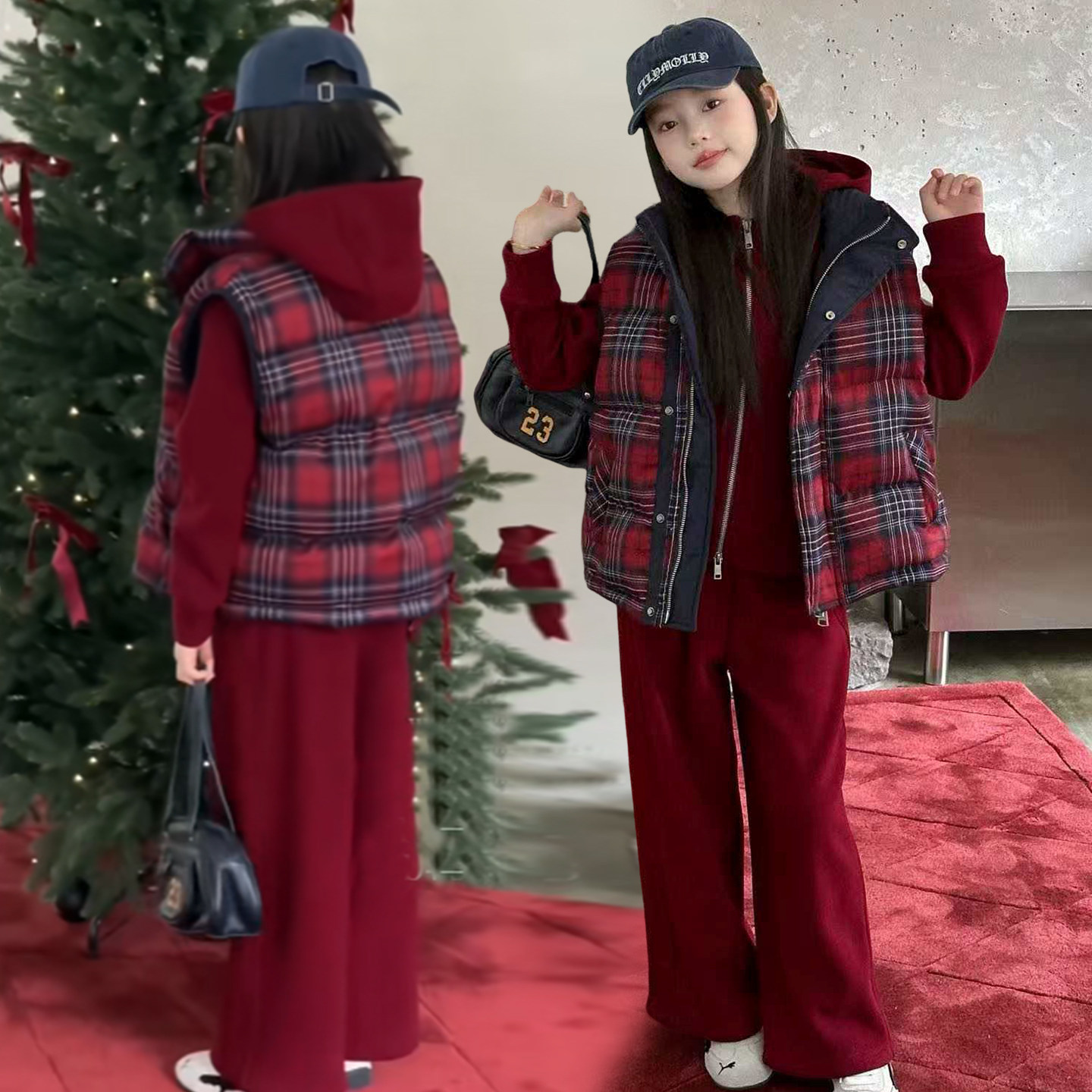 红色复古格纹立领羽绒棉马甲连帽卫衣开衫阔腿裤女童新年三件套潮