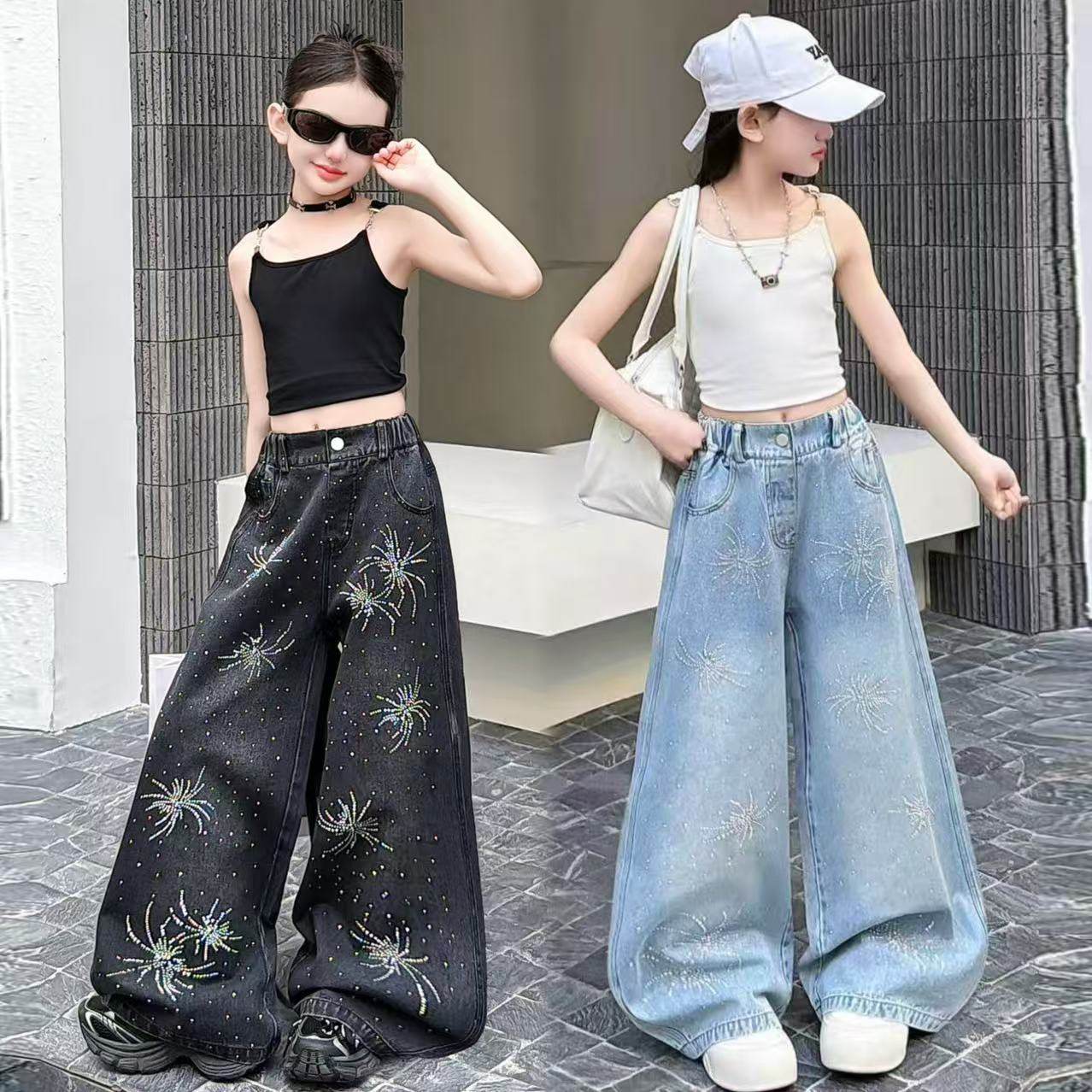 超好看女童百搭裤子2026新款今年流行爆闪烟花烫钻牛仔阔腿裤韩版