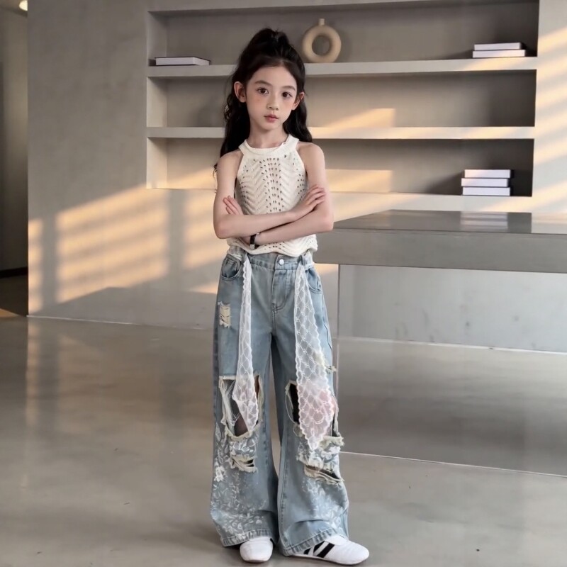女童蕾丝破洞牛仔阔腿裤背心套装