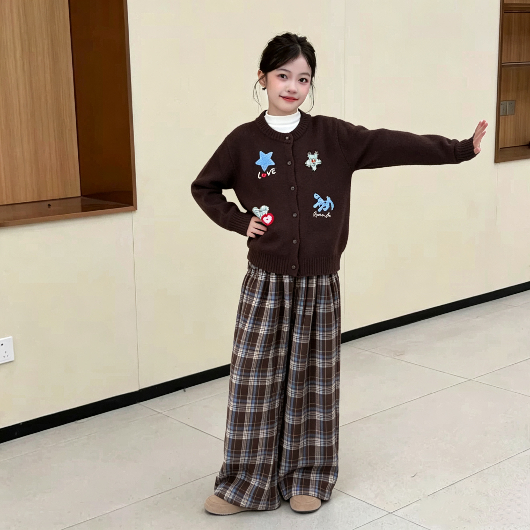 女童美拉德色毛衣阔腿裤套装