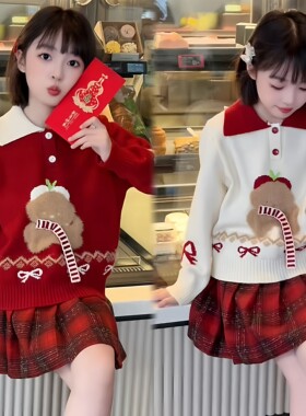 女童卡通红色毛衣格子裙套装