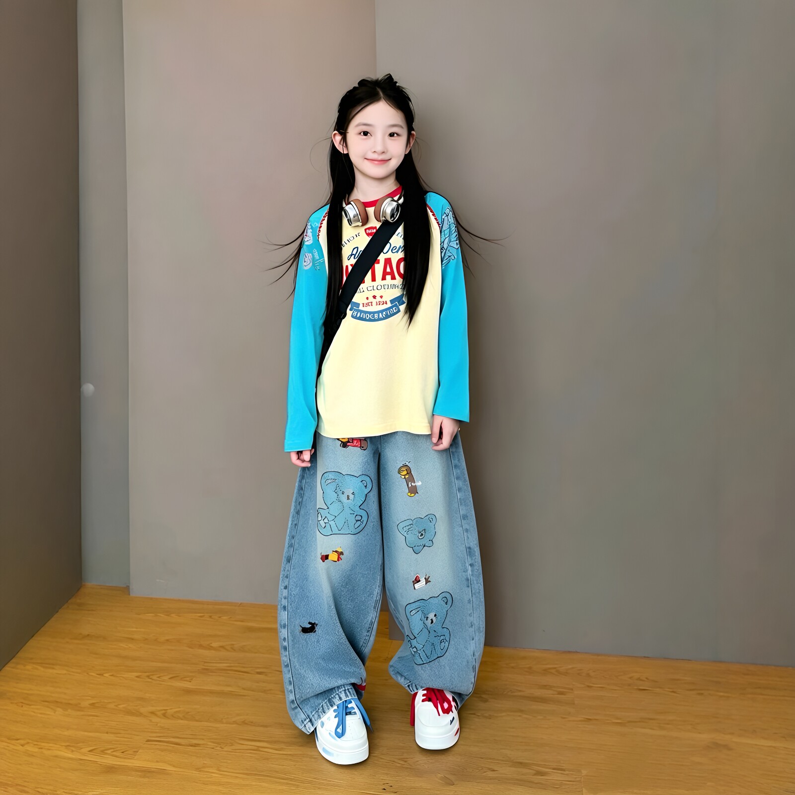 女童撞色字母长袖卡通牛仔裤套装