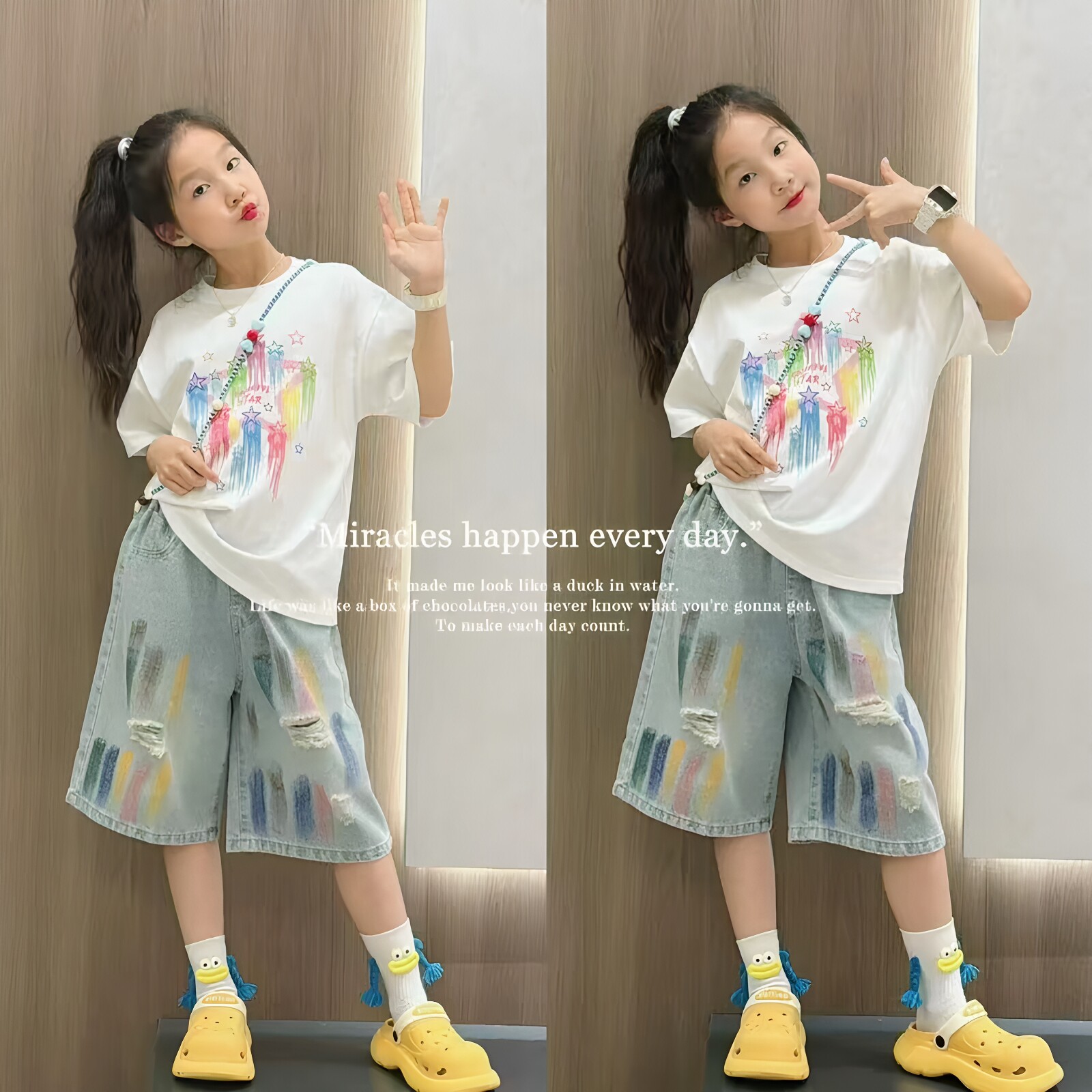 女童短袖破洞牛仔短裤两件套