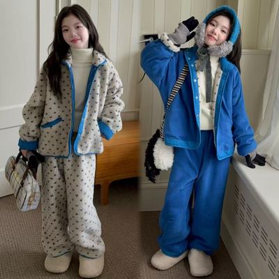 女童波点睡衣外套阔腿裤家居服