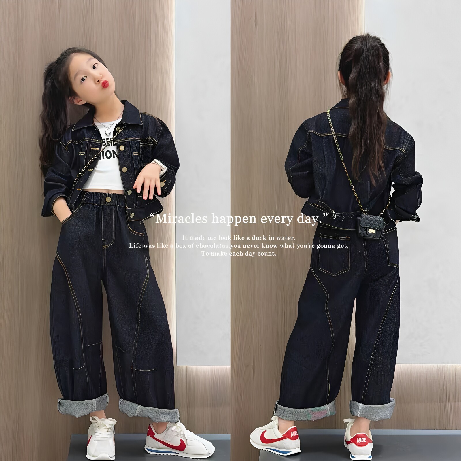 女童单排扣短款外套弯刀裤套装