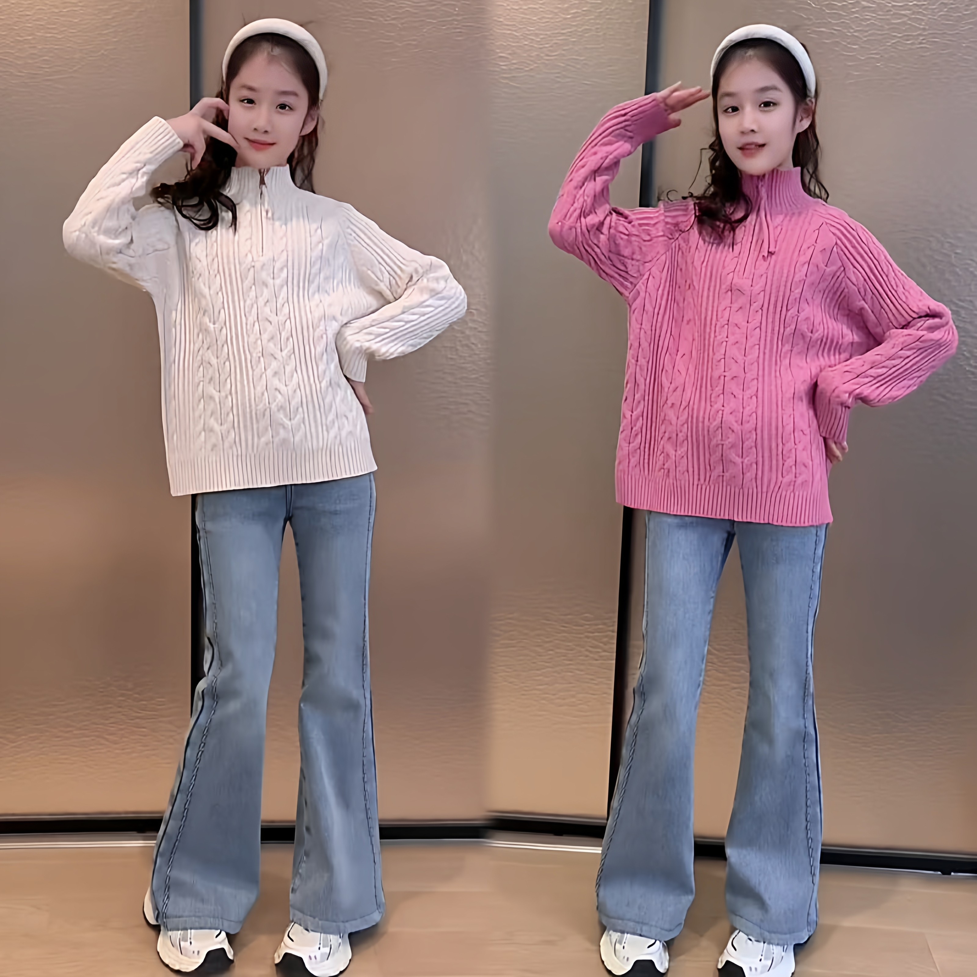 女童韩系复古麻花半拉链高领毛衣修身显瘦加绒牛仔喇叭裤洋气套装