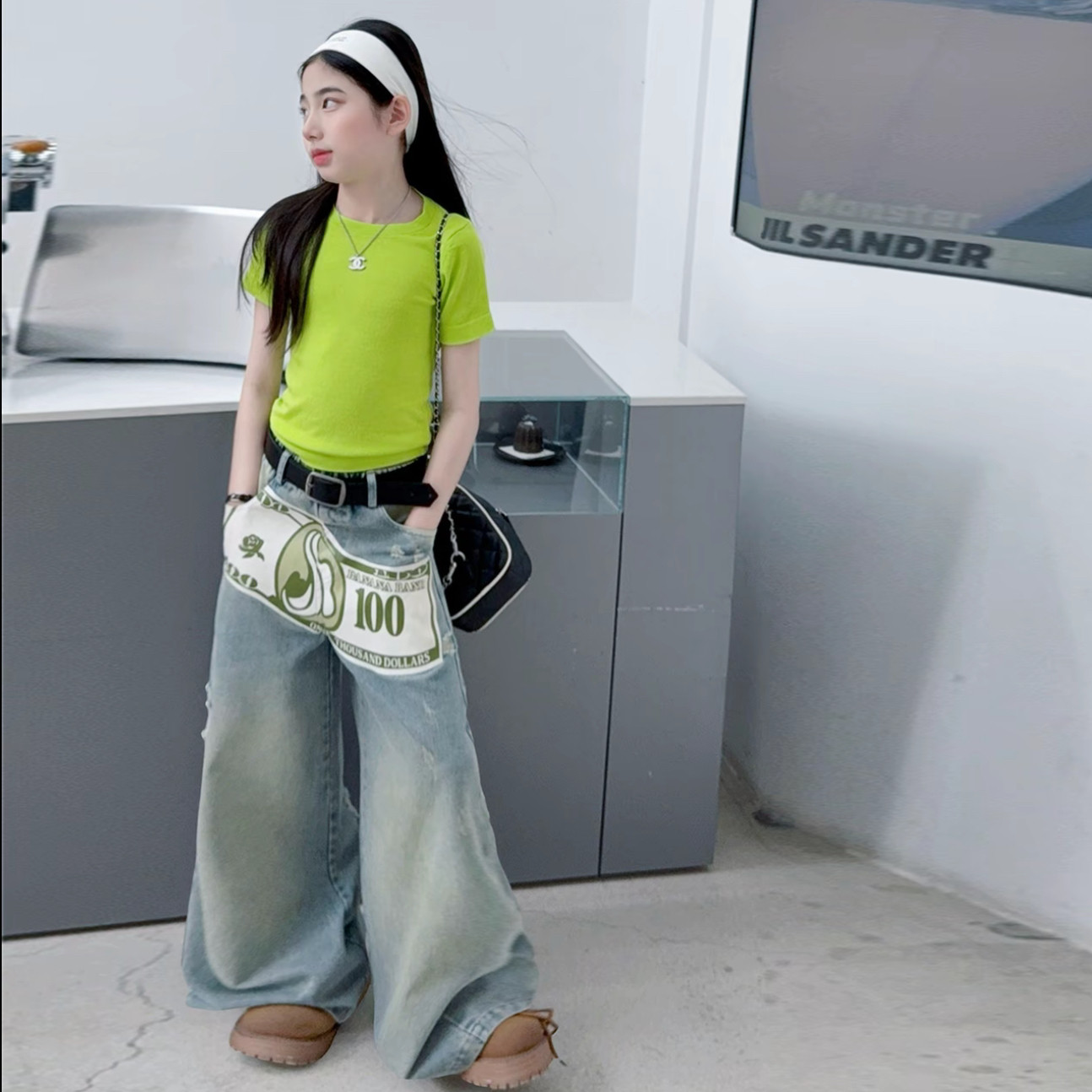 女童设计感牛仔裤绿色短袖套装