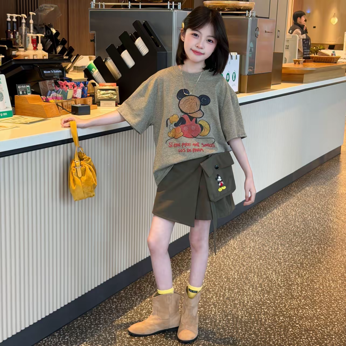 女童韩版卡通数码印花短袖设计感不规则工装风半身短裙运动套装潮