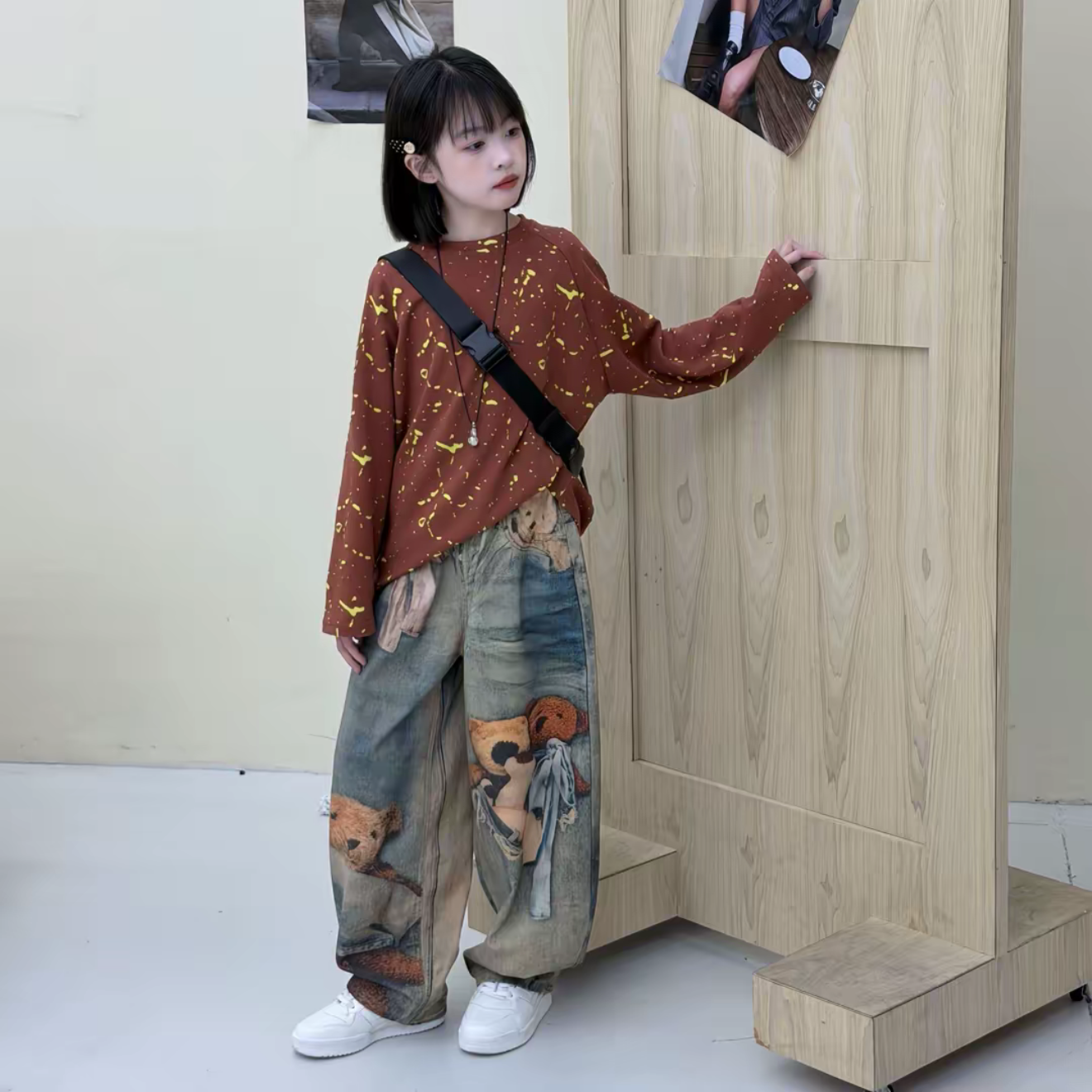 潮牌美式女童卡通小熊数码长裤2026春季新款个性打底衫炸街两件套