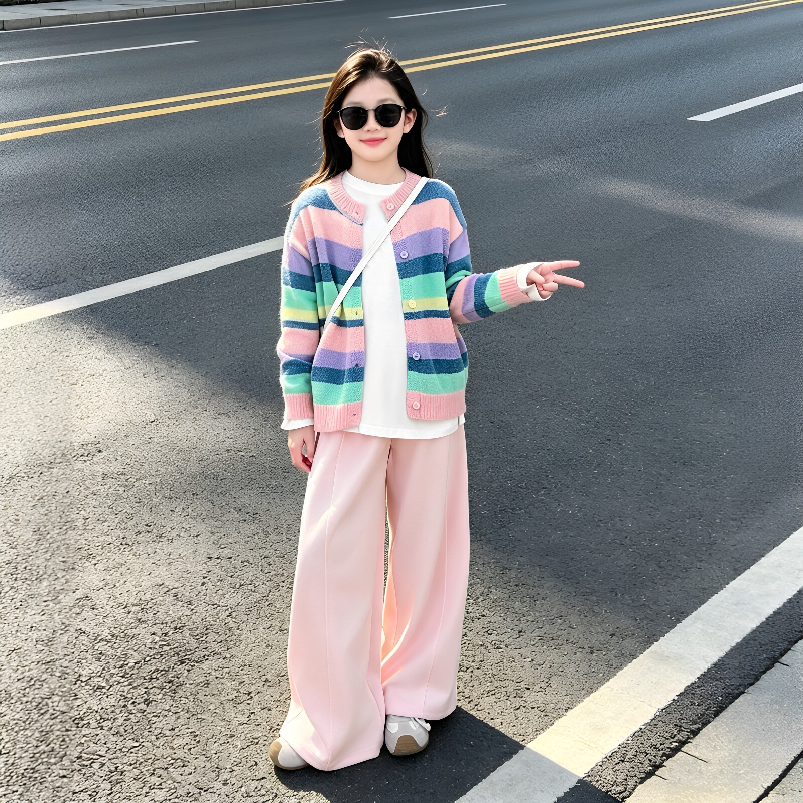 女童条纹毛衣开衫阔腿裤套装