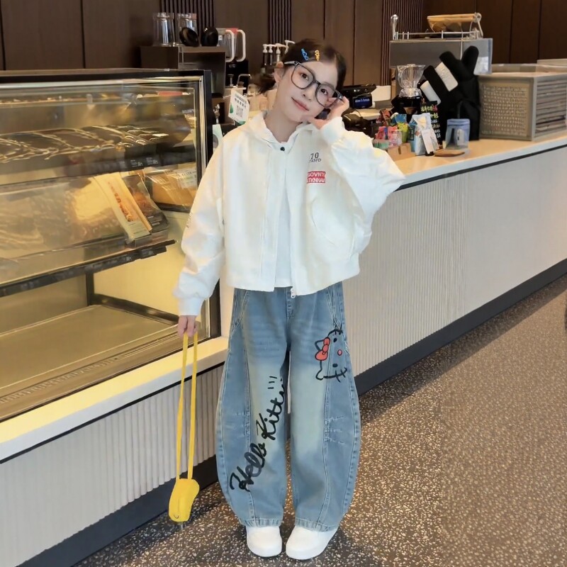 女童机车棒球服夹克弯刀裤套装