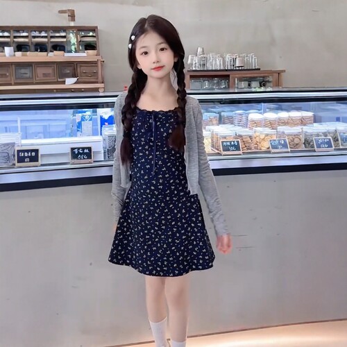 女童碎花吊带连衣裙针织开衫套装
