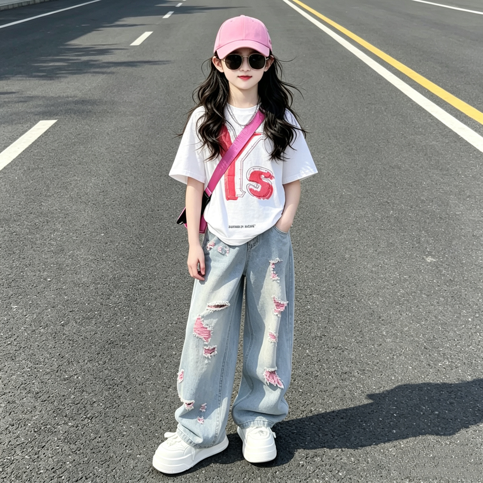 女童字母宽松短袖粉色直筒裤套装