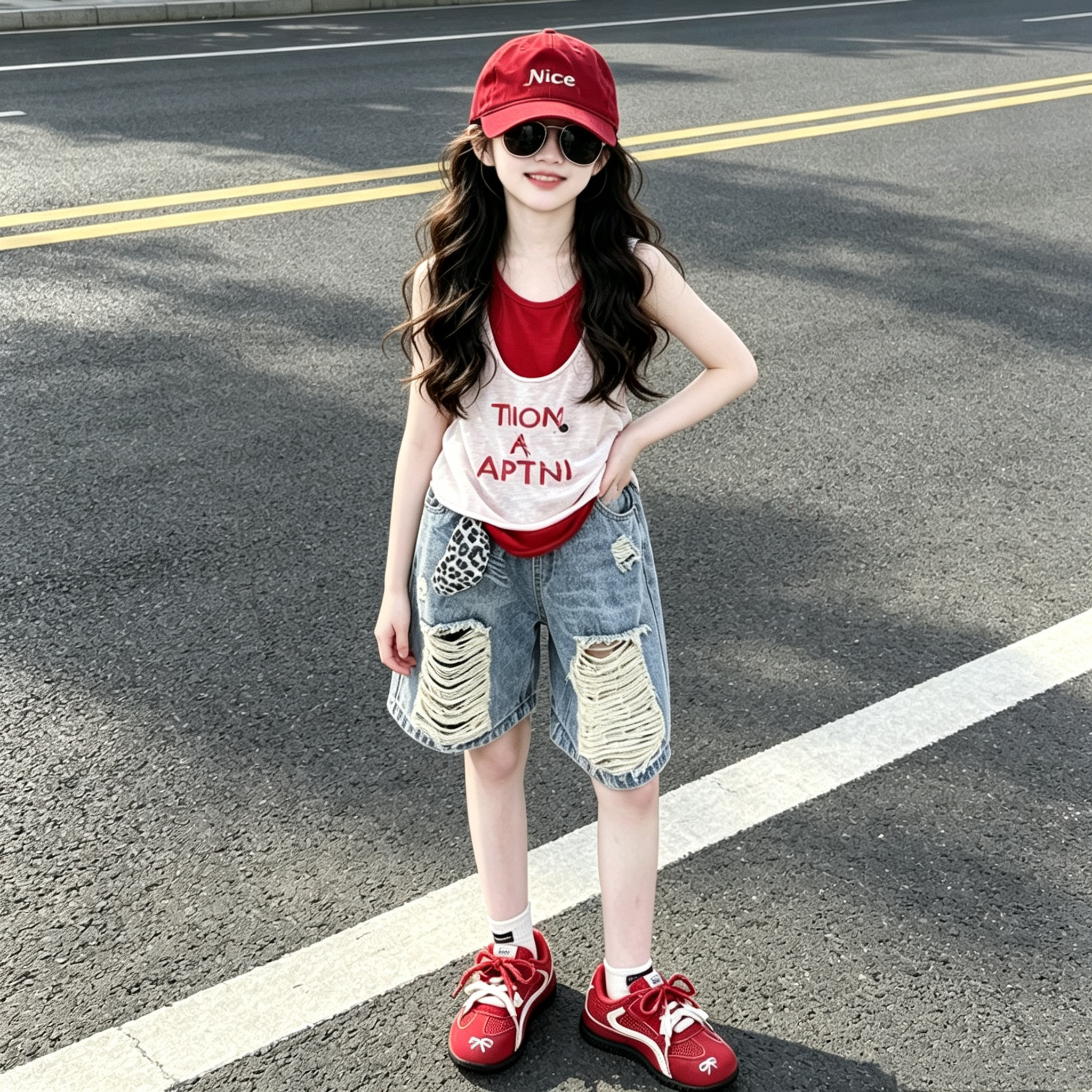 美式假两件撞色字母背心2026夏季女童痞帅潮酷破洞牛仔中裤两件套