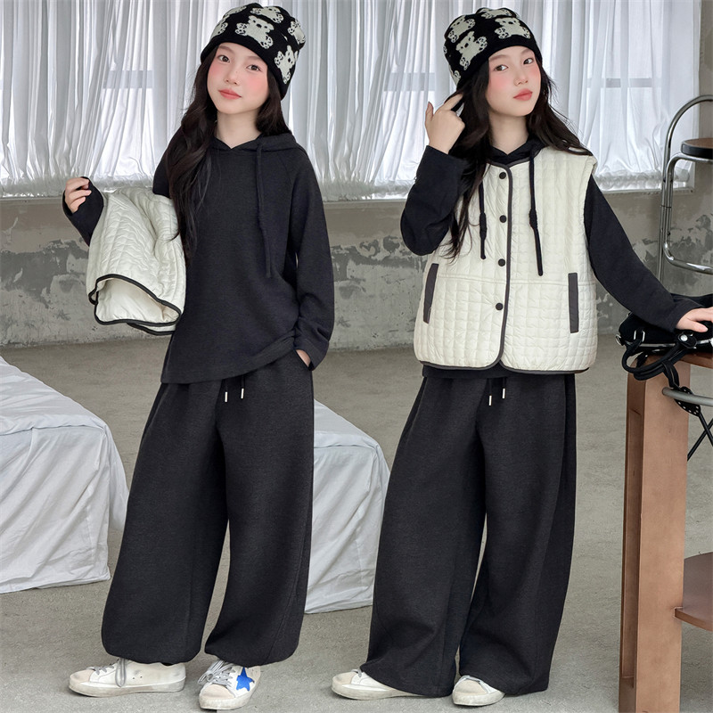 女童棉服马甲连帽卫衣阔腿裤套装