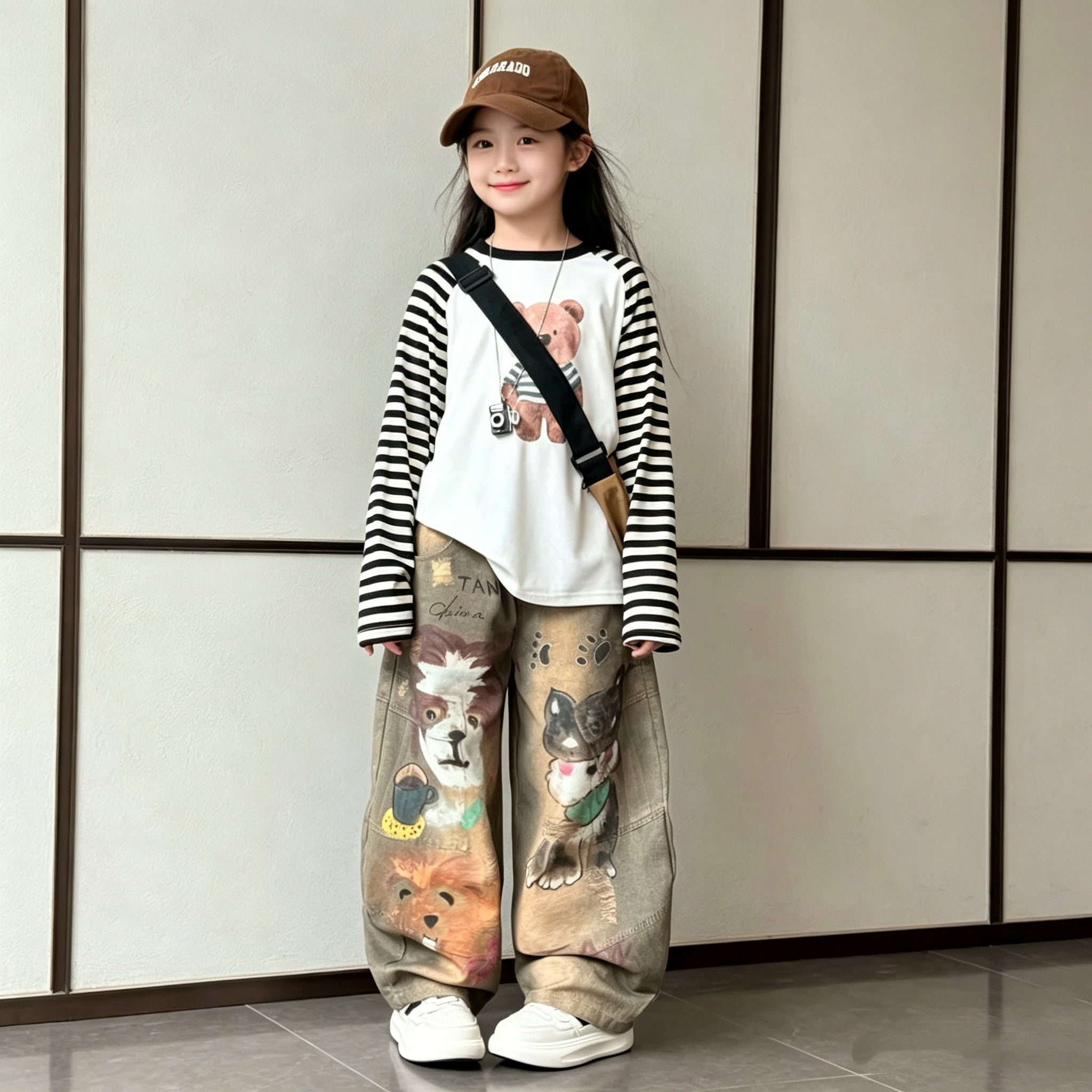 女童涂鸦印花牛仔裤拼色上衣套装
