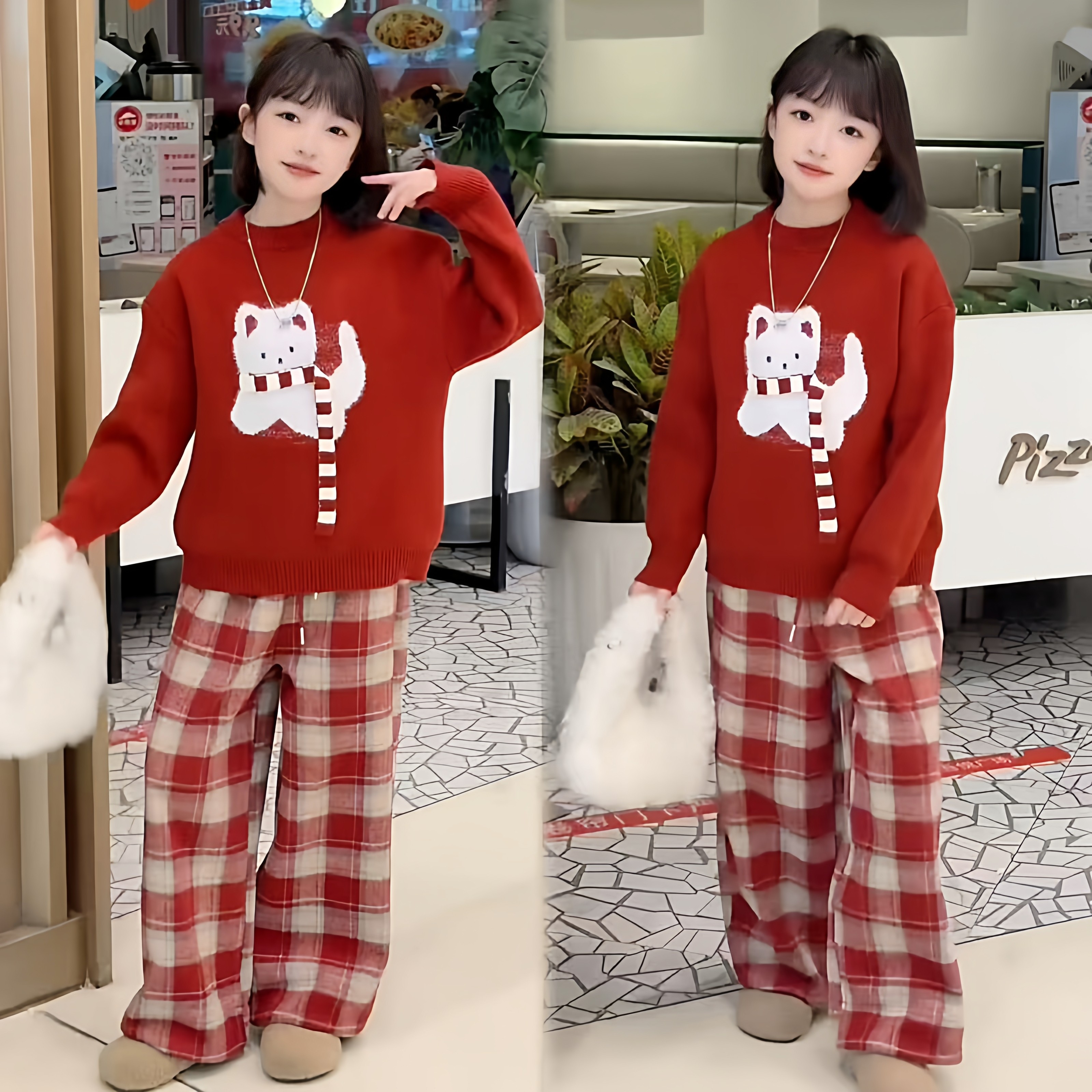 女童红色本命年卡通招财猫圆领毛衣韩系格子一体绒阔腿裤新年套装