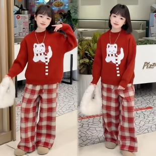 女童红色本命年卡通招财猫圆领毛衣韩系格子一体绒阔腿裤新年套装