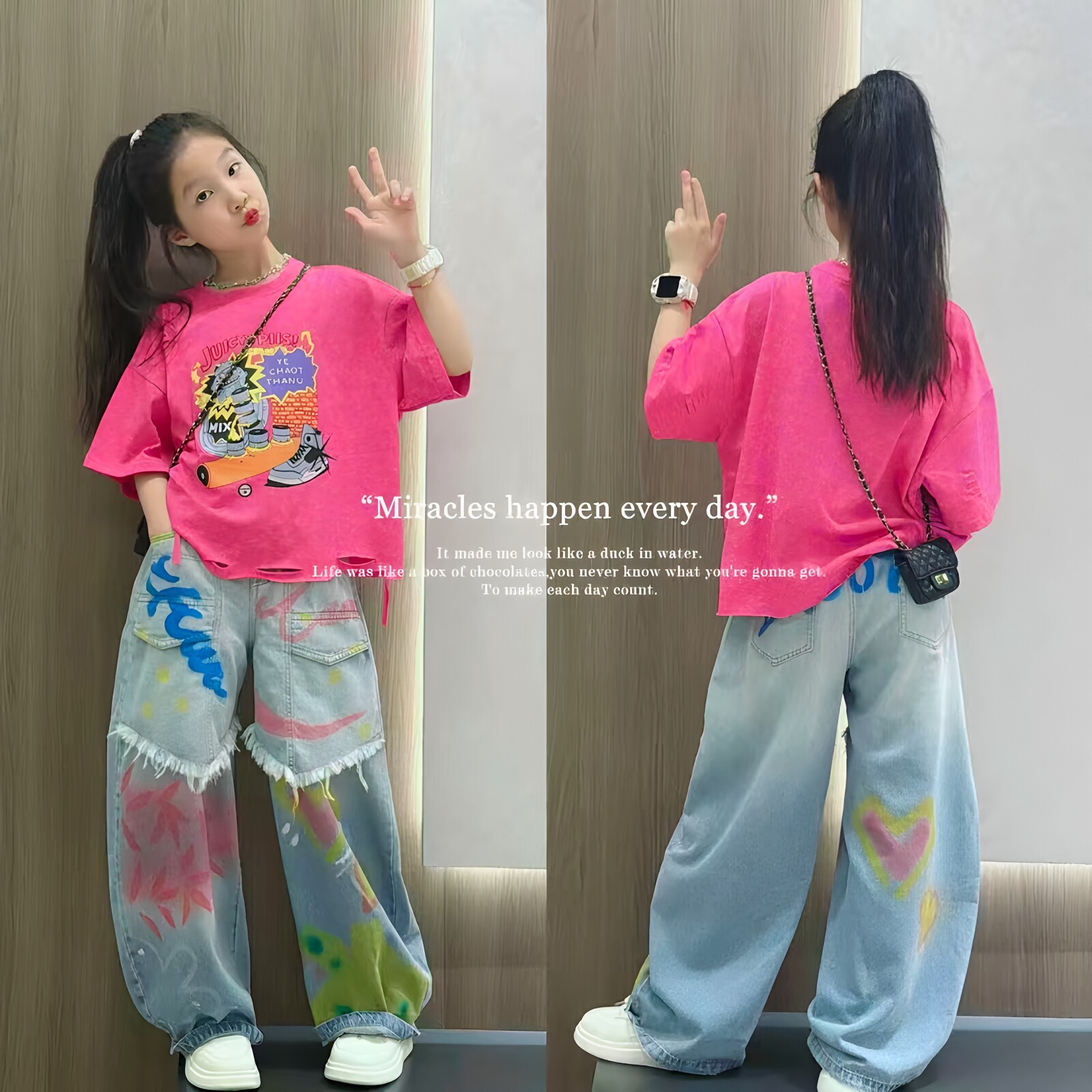 女童美式手绘涂鸦牛仔裤短袖套装