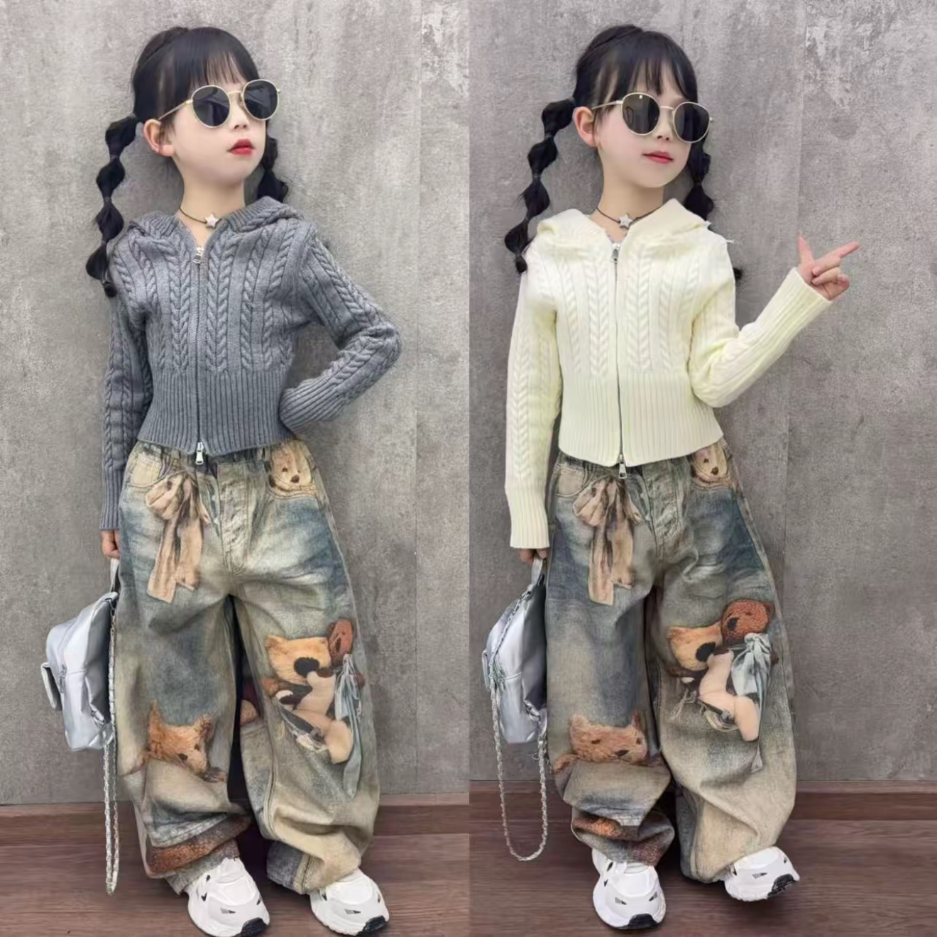 女童春秋新款复古连帽毛衣开衫潮酷个性卡通小熊牛仔裤炸街套装韩