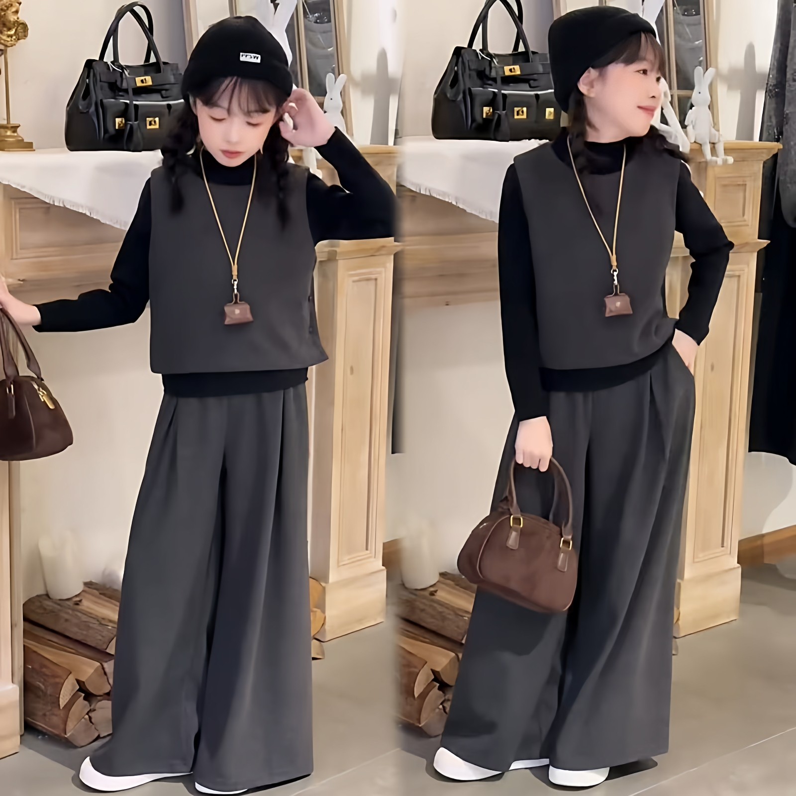 女童秋冬新款高级感毛呢时尚马甲背心打底衫阔腿裙裤气质三件套韩