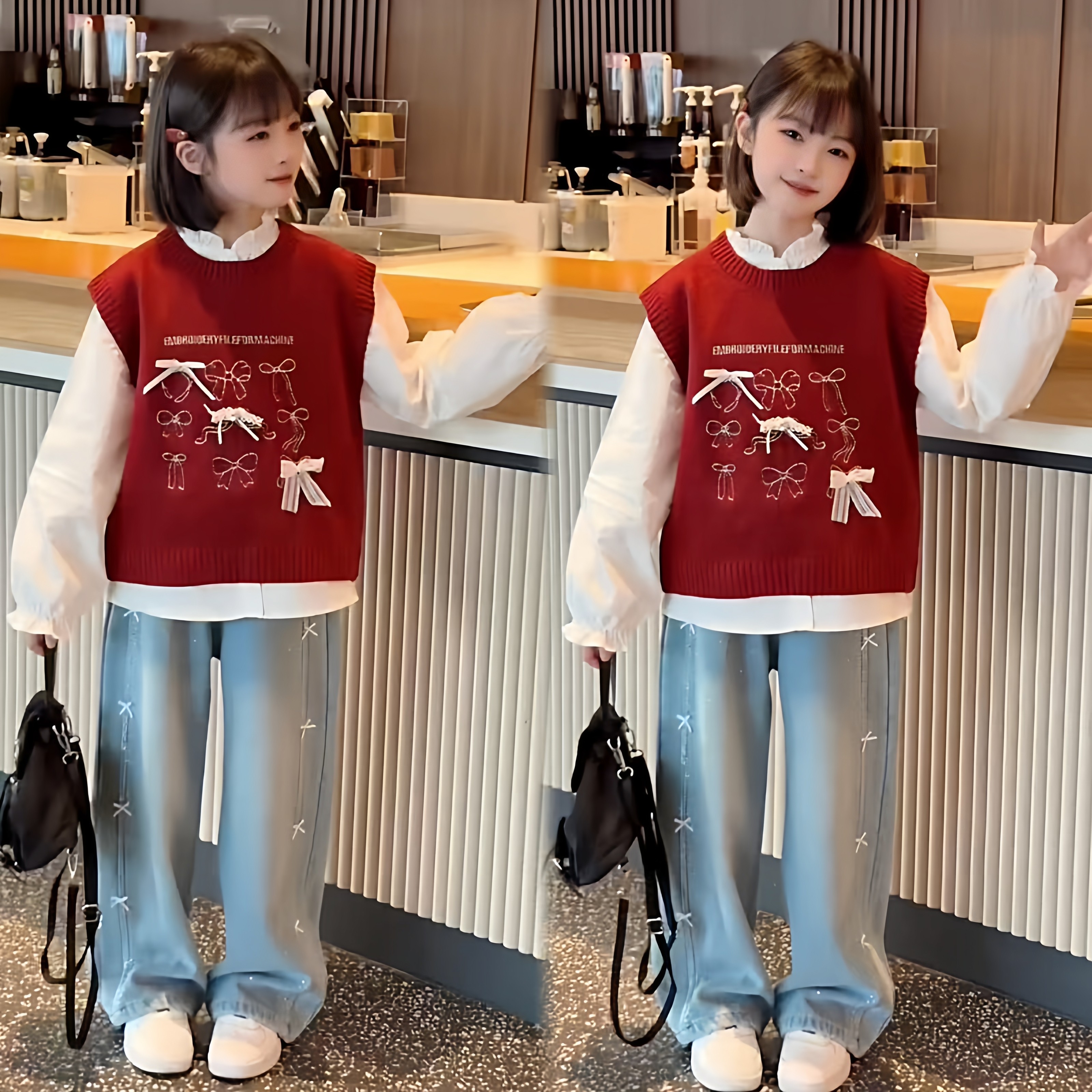 女童超好看新年红色蝴蝶结针织背心衬衫烫钻牛仔直筒裤洋气三件套