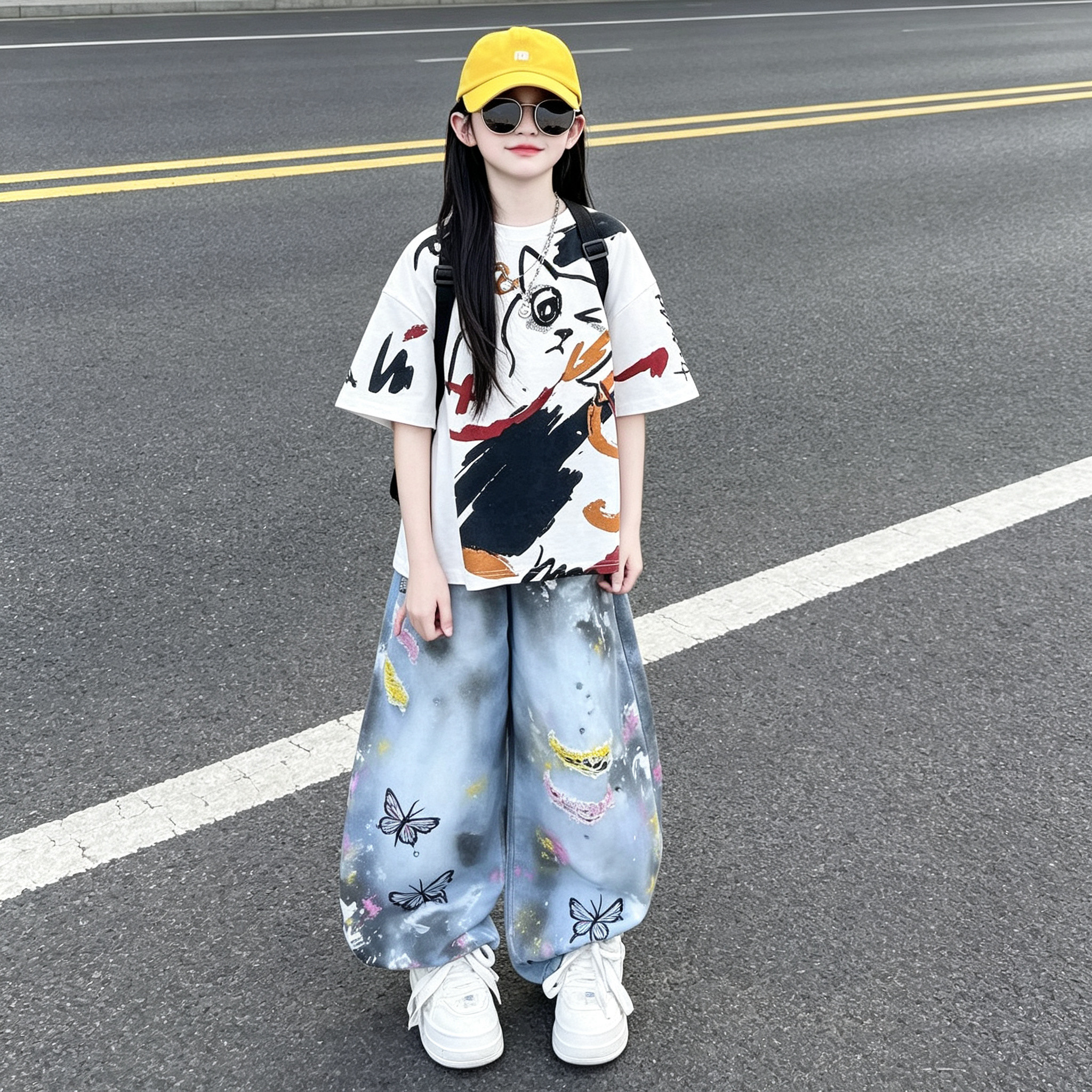 女童蝴蝶涂鸦牛仔裤短袖套装
