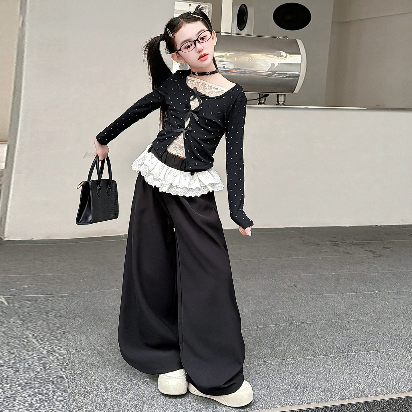 女童蕾丝波点上衣花边阔腿裤套装