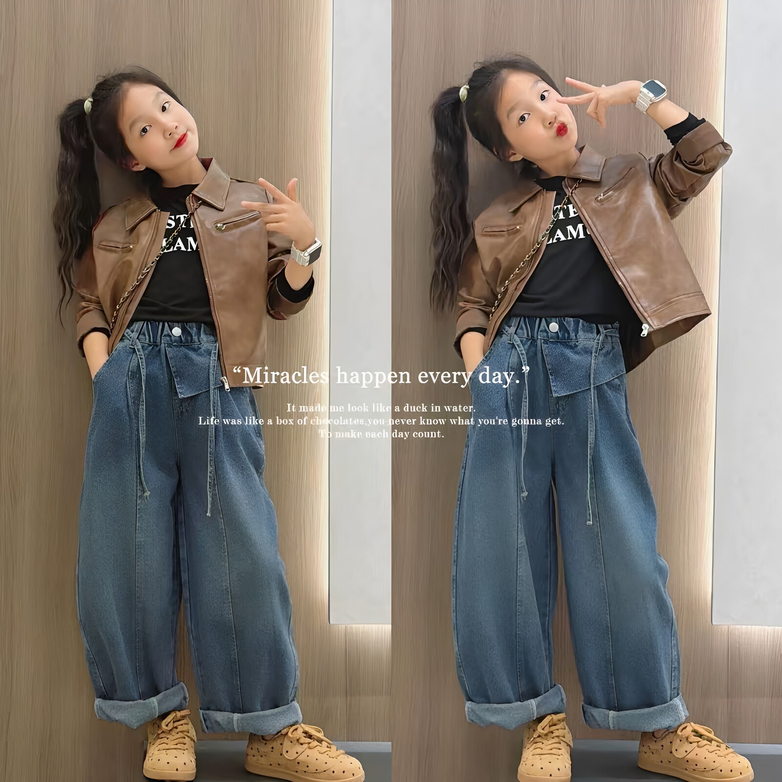 女童复古翻领皮衣外套牛仔裤套装