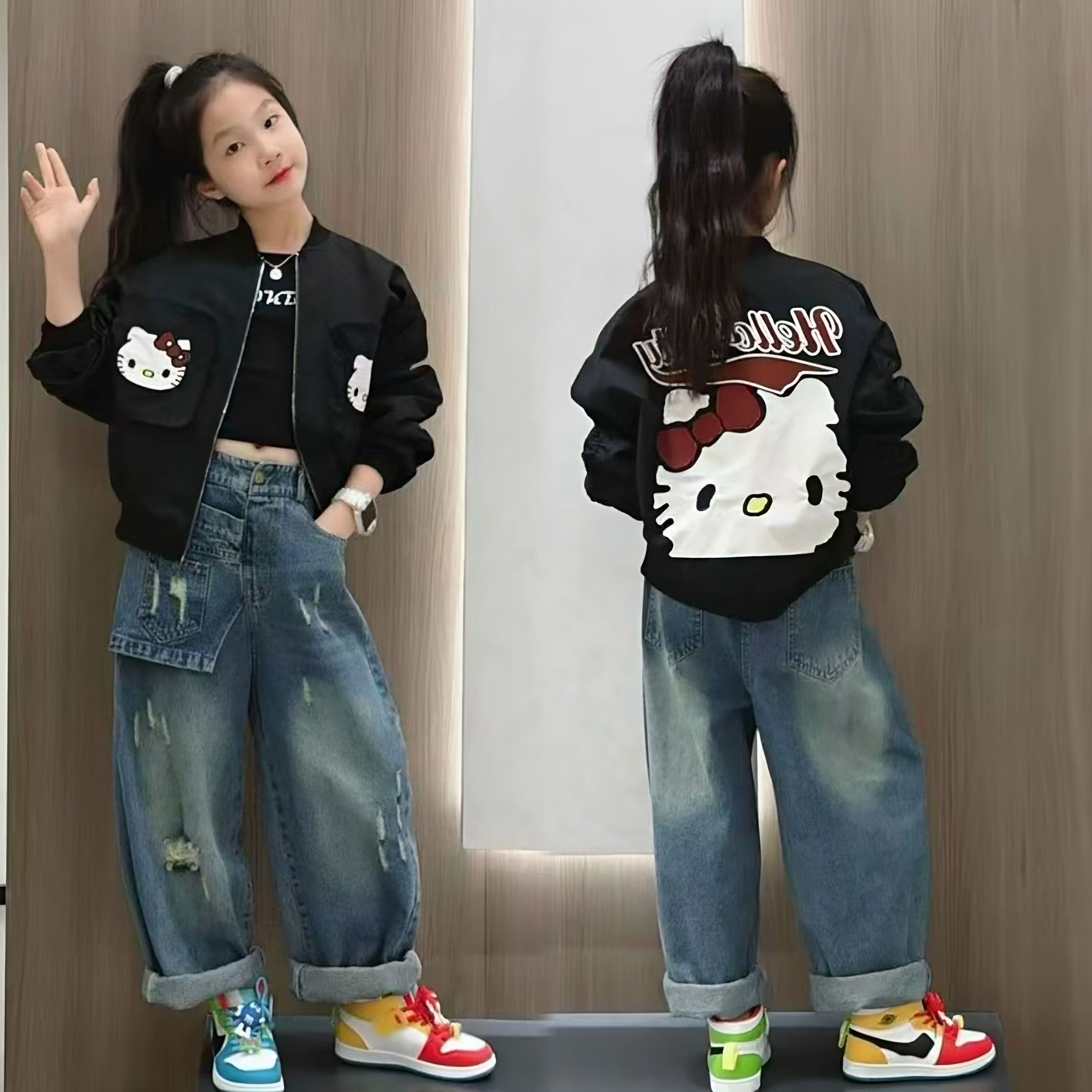 女童美式棒球服外套破洞裤套装