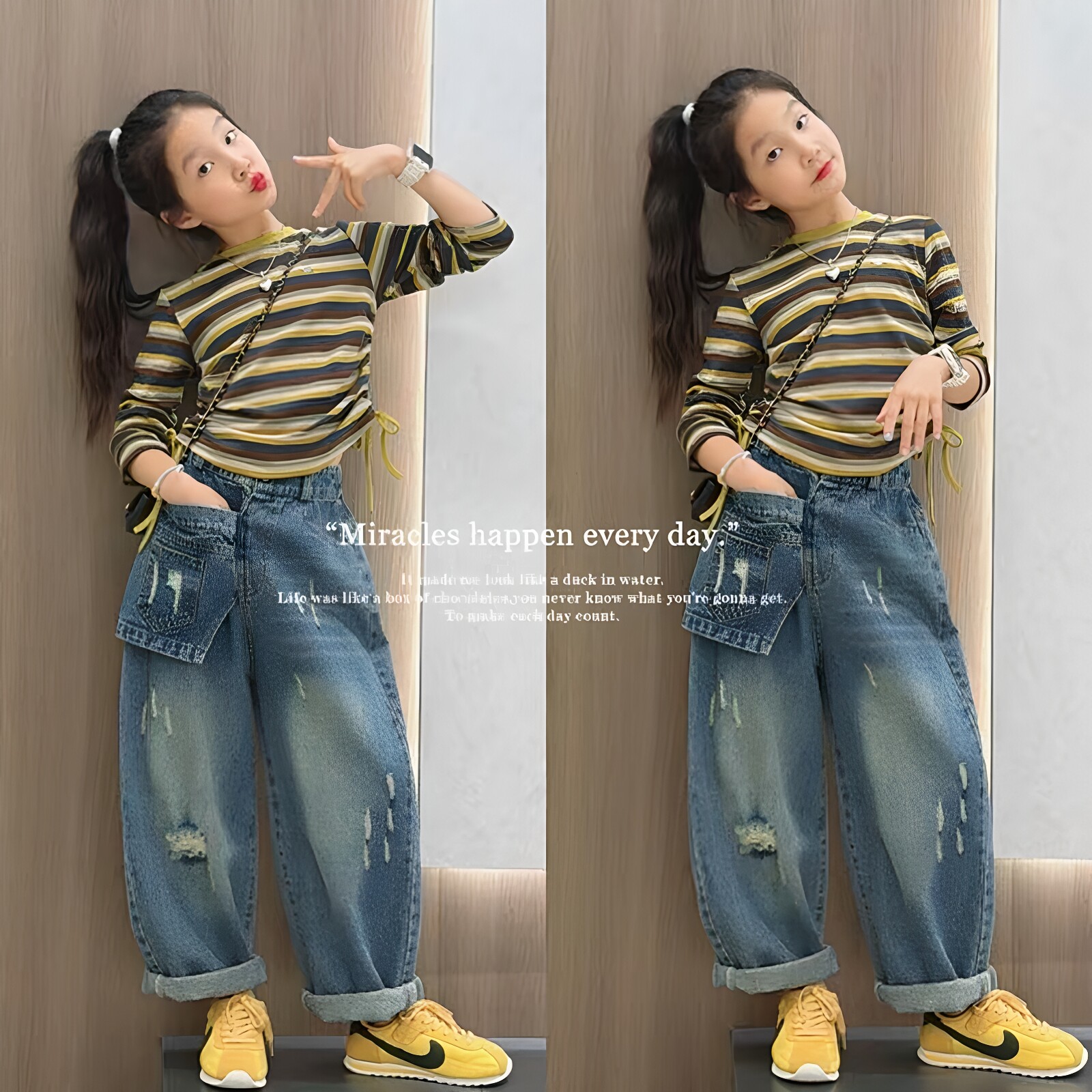 女童复古条纹打底衫牛仔裤套装