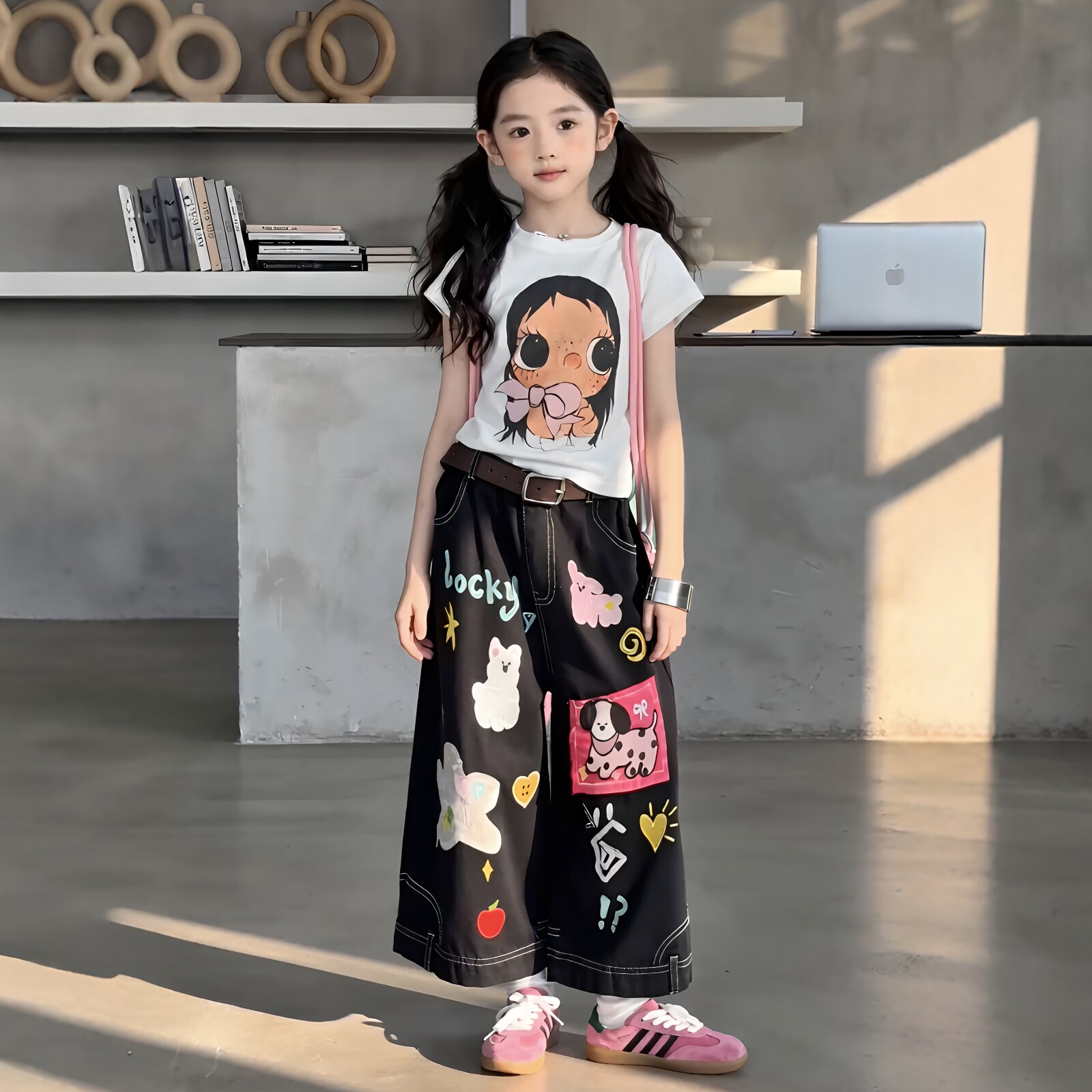 女童卡通七分直筒牛仔裤短袖套装