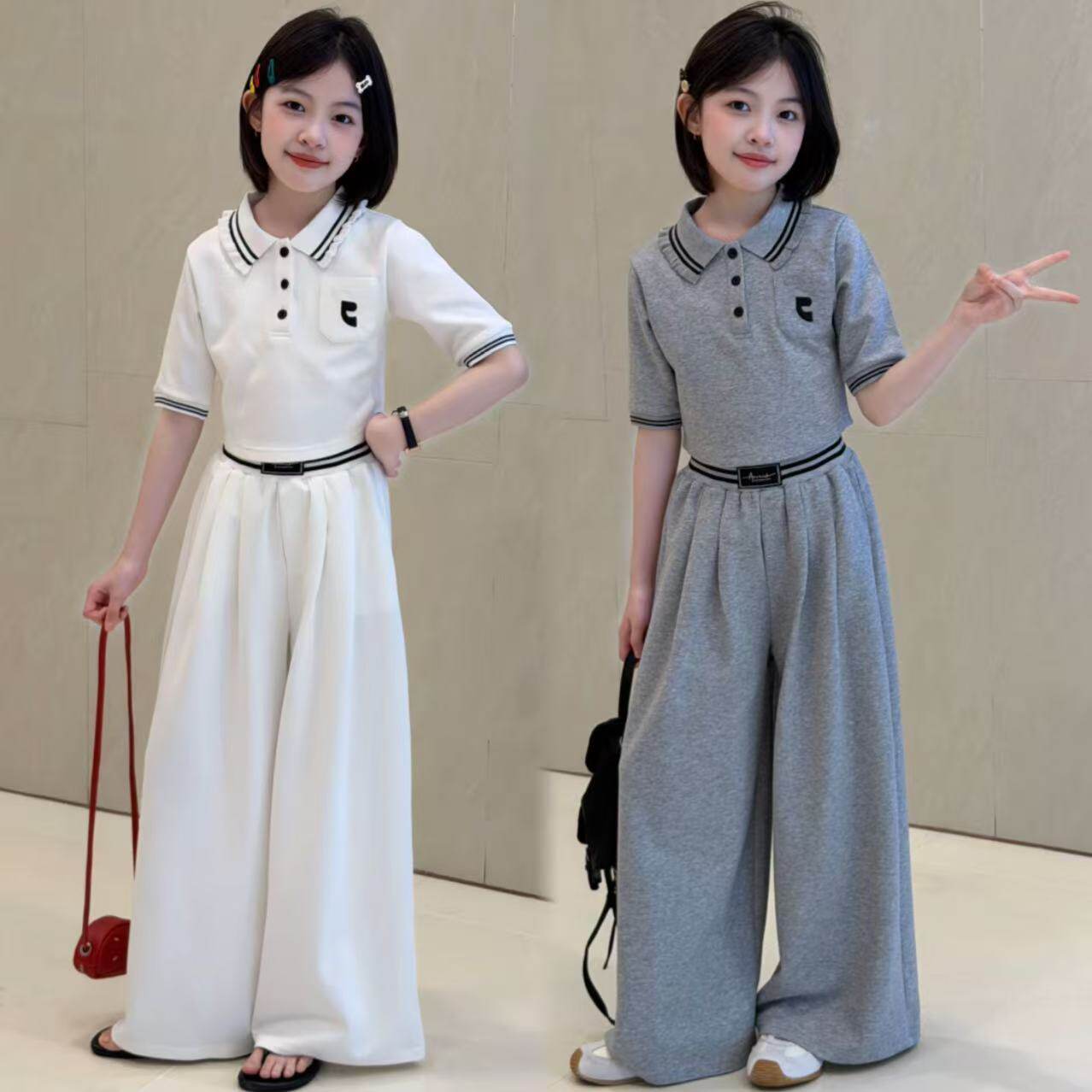 韩系学院风女童夏季套装初中生休闲POLO领短袖阔腿裤运动两件套潮