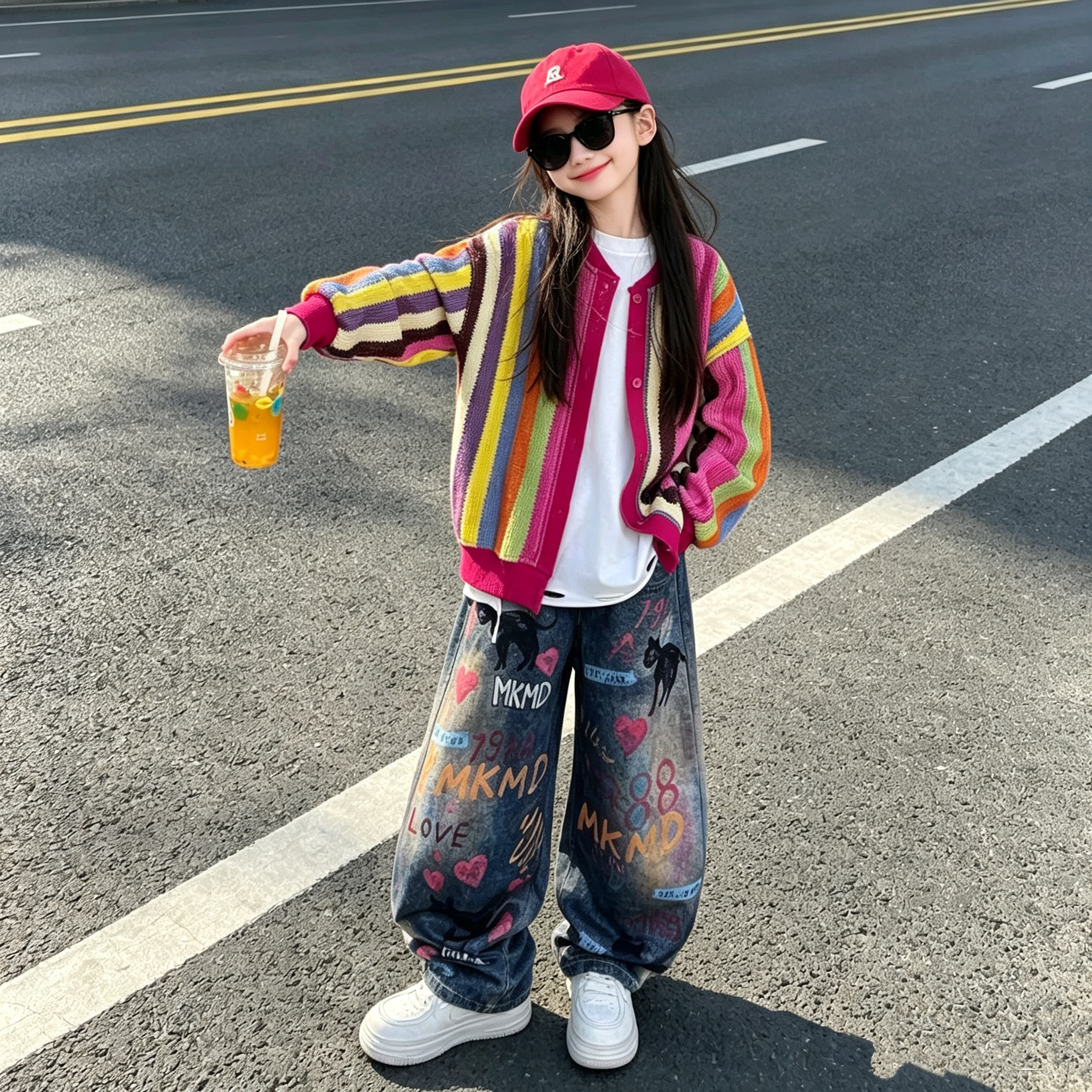 女童针织彩虹开衫牛仔裤两件套