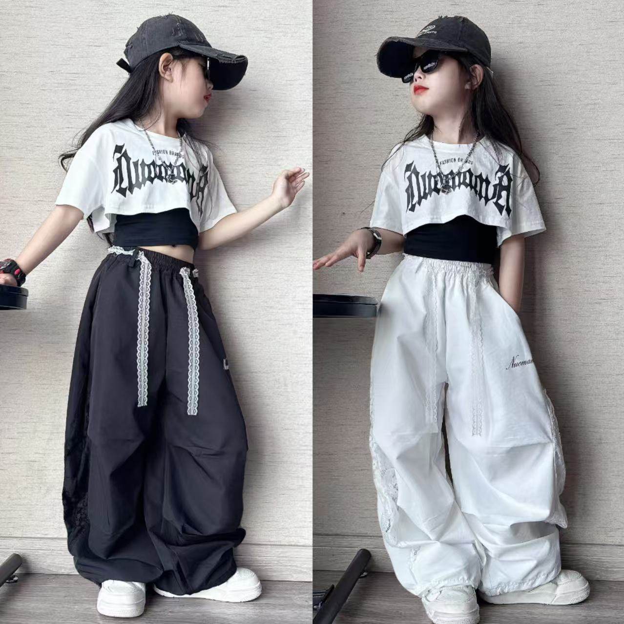 女童美式休闲字母短袖设计感蕾丝拼接镂空工装裤爵士舞喜欢套装潮