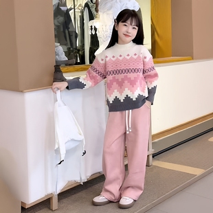 女童秋冬粉色甜美韩系菱形格圆领毛衣加厚一体绒休闲阔腿裤套装潮