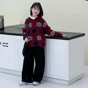 女童秋冬超好看新年红色拜年服加厚花朵连帽毛衣撒银休闲裤套装潮