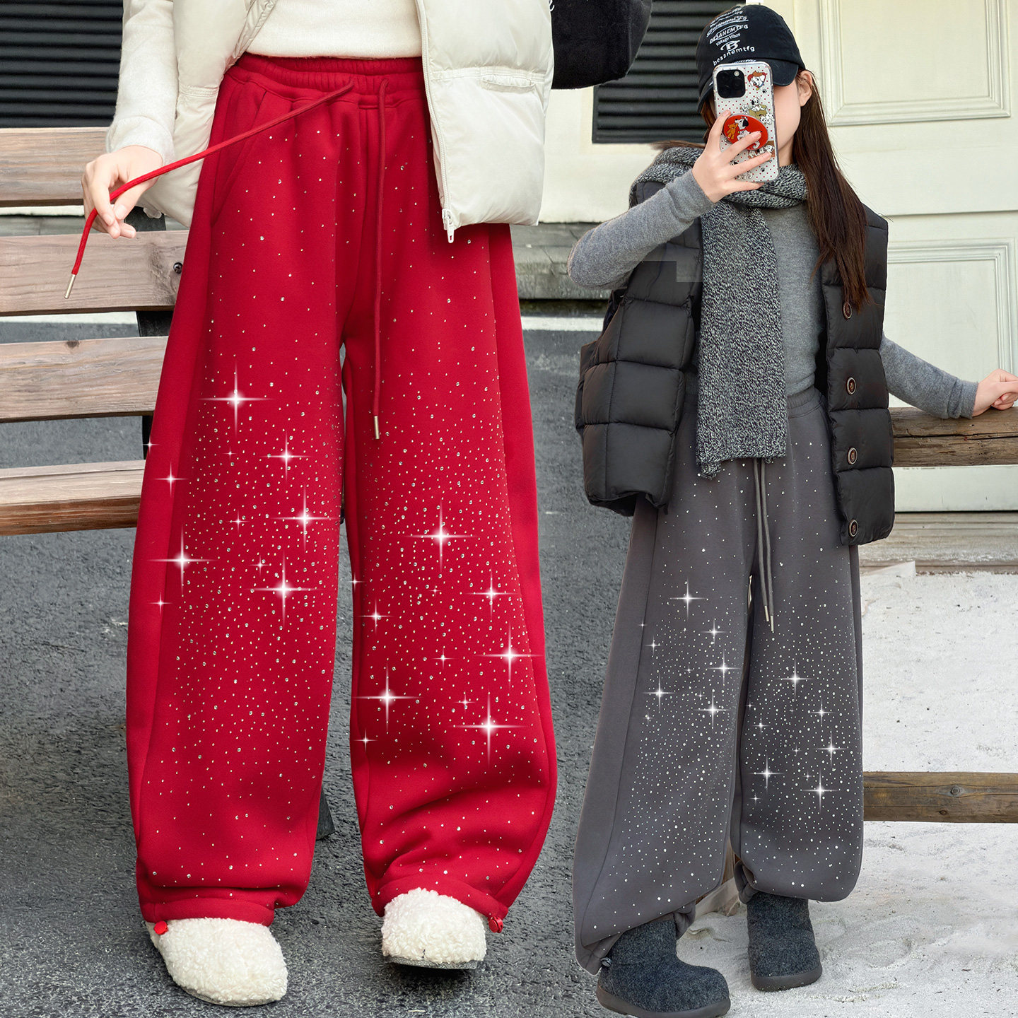 女童百搭加绒设计感烫钻窄版休闲弯刀卫裤冬季初中生韩版运动长裤