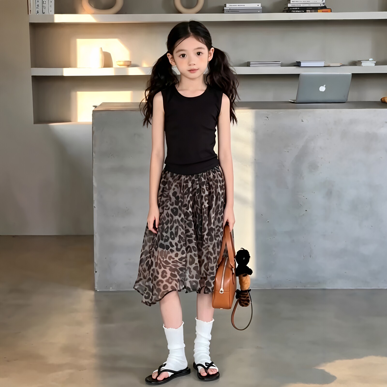 女童背心不规则豹纹半身裙套装