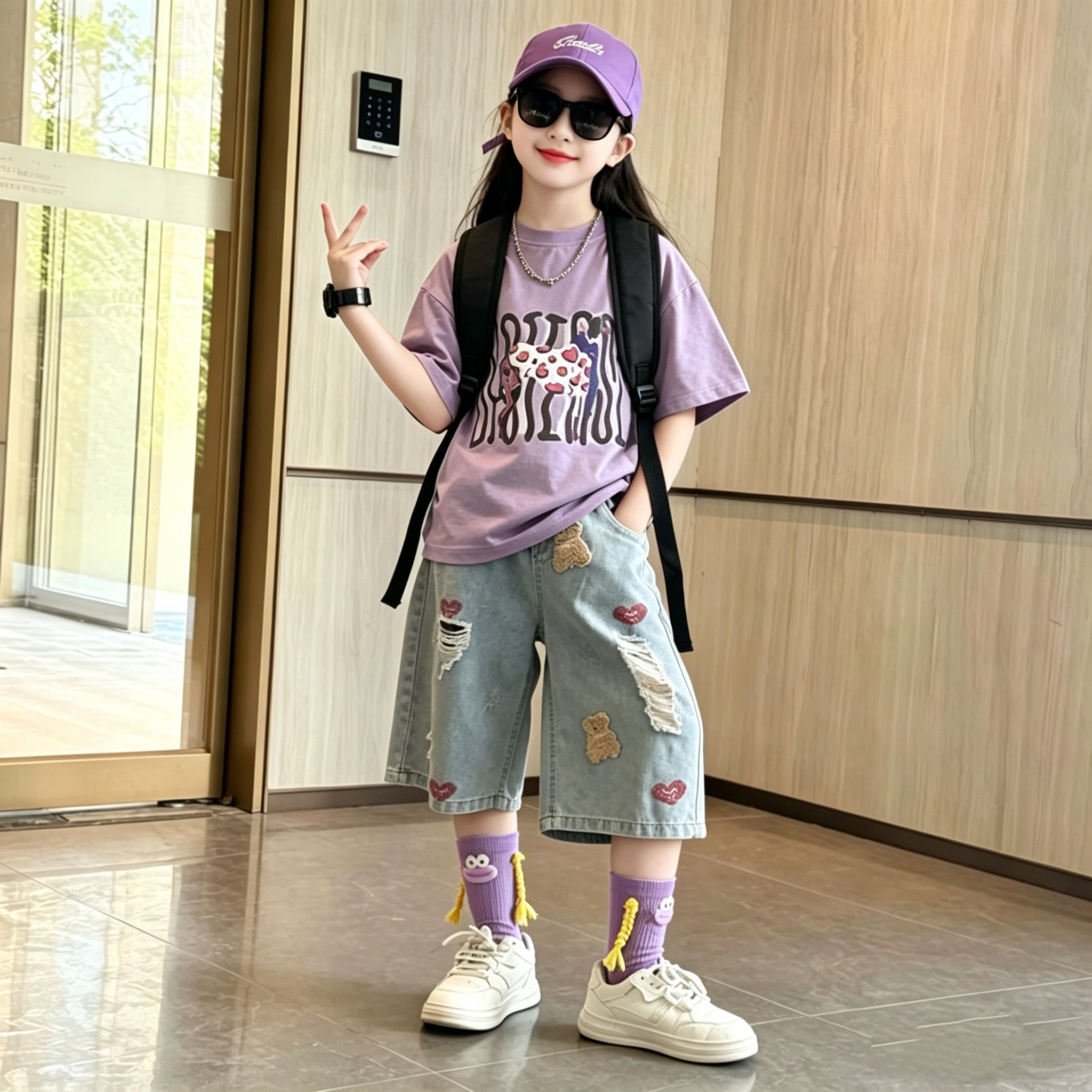 女童卡通印花短袖牛仔中裤套装