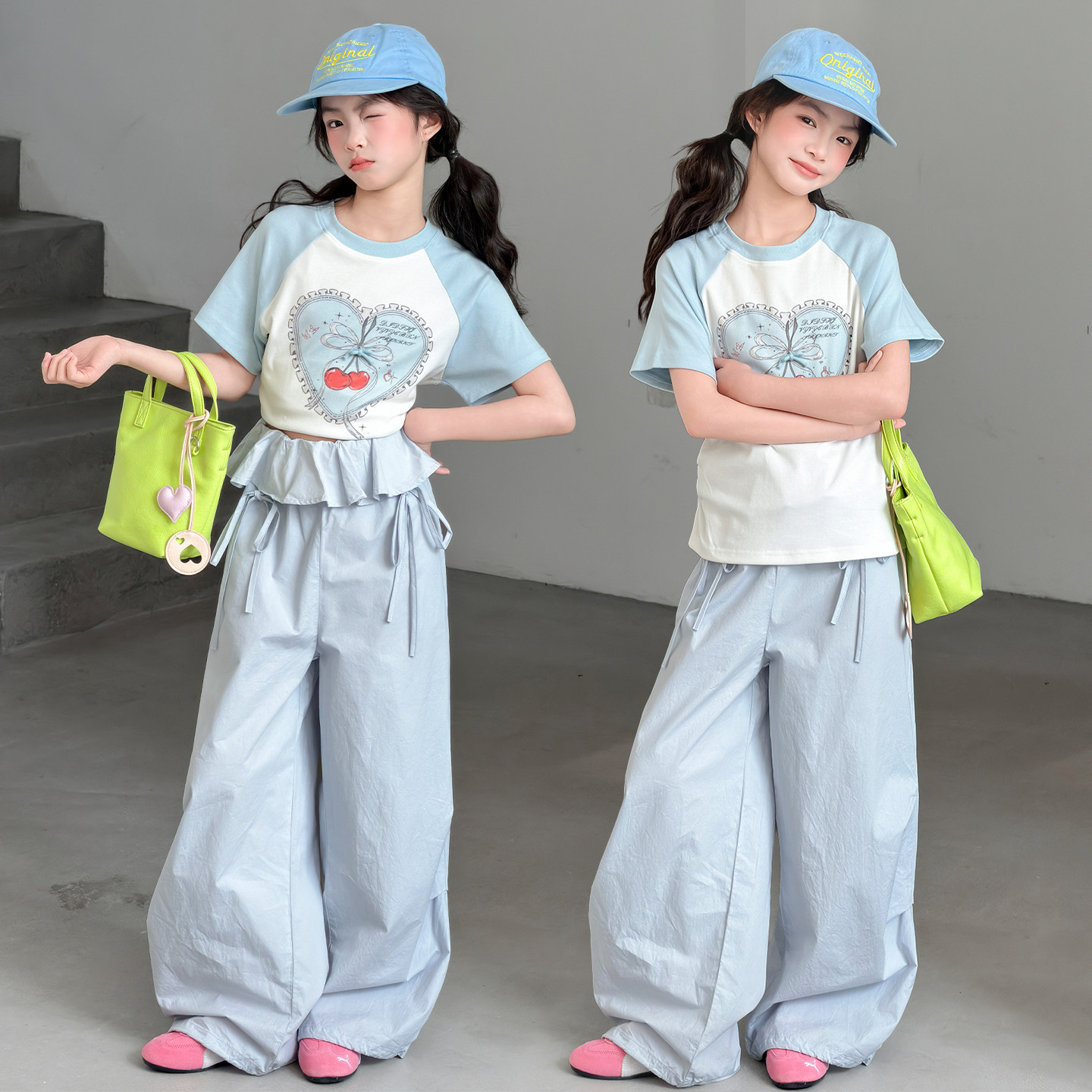 女童爱心短袖花边工装裤套装