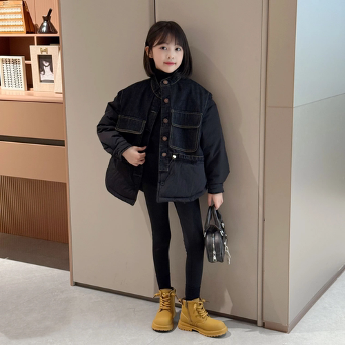 女童牛仔拼接假两件棉衣