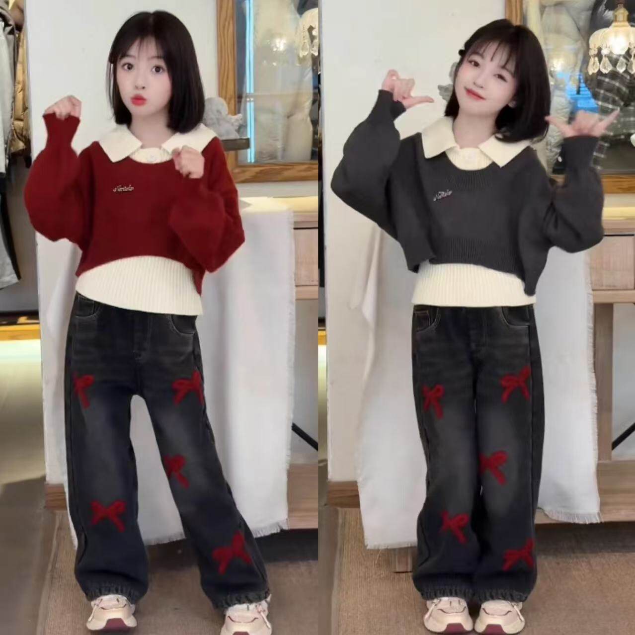 女童新年红POLO领毛衣加厚一体绒美式蝴蝶结刺绣牛仔阔腿裤套装潮