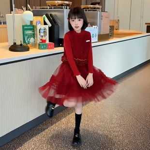 超好看女童连衣裙拜年服国风红色中大童新年马甲网纱拼接毛衣套装