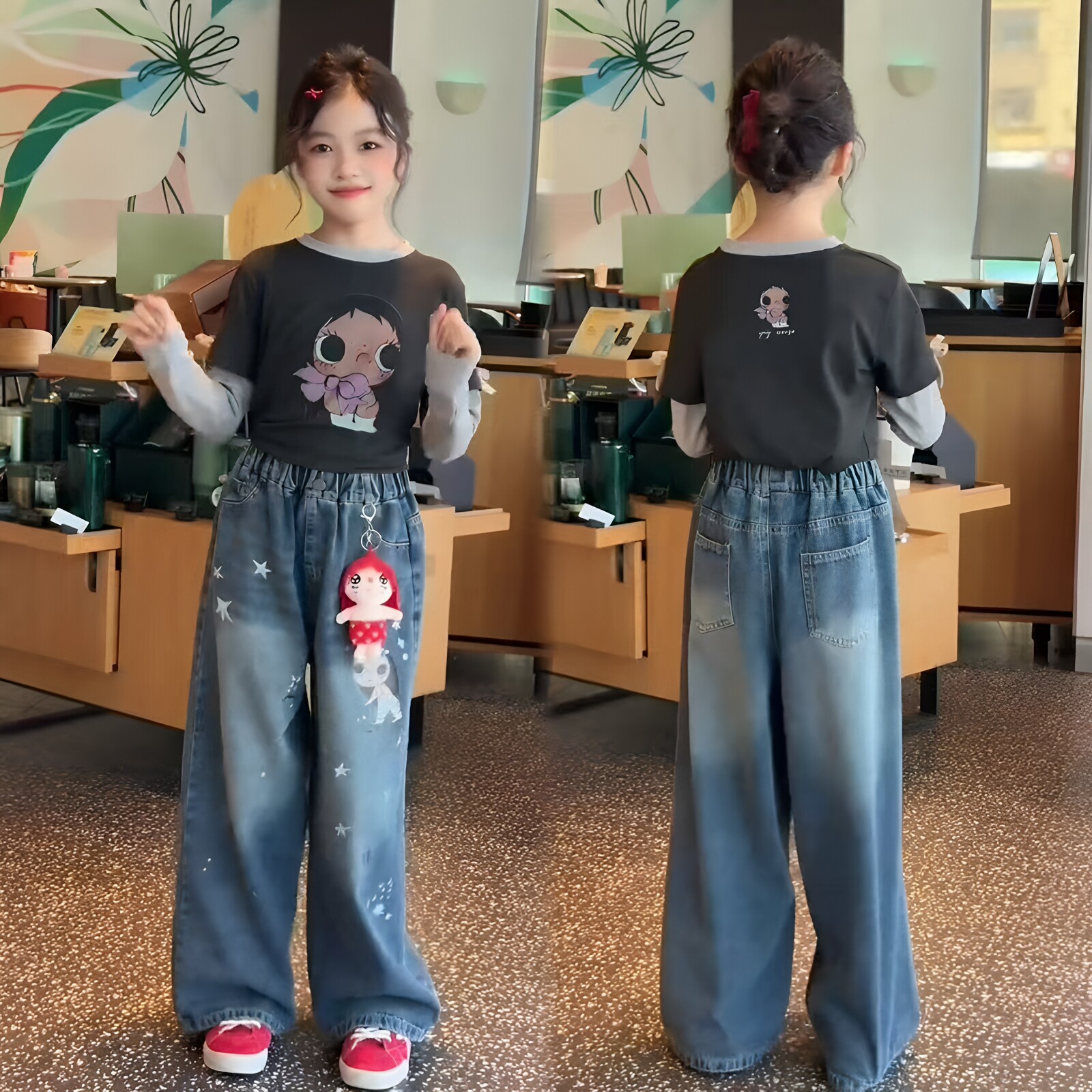 女童小玉印花上衣牛仔裤套装