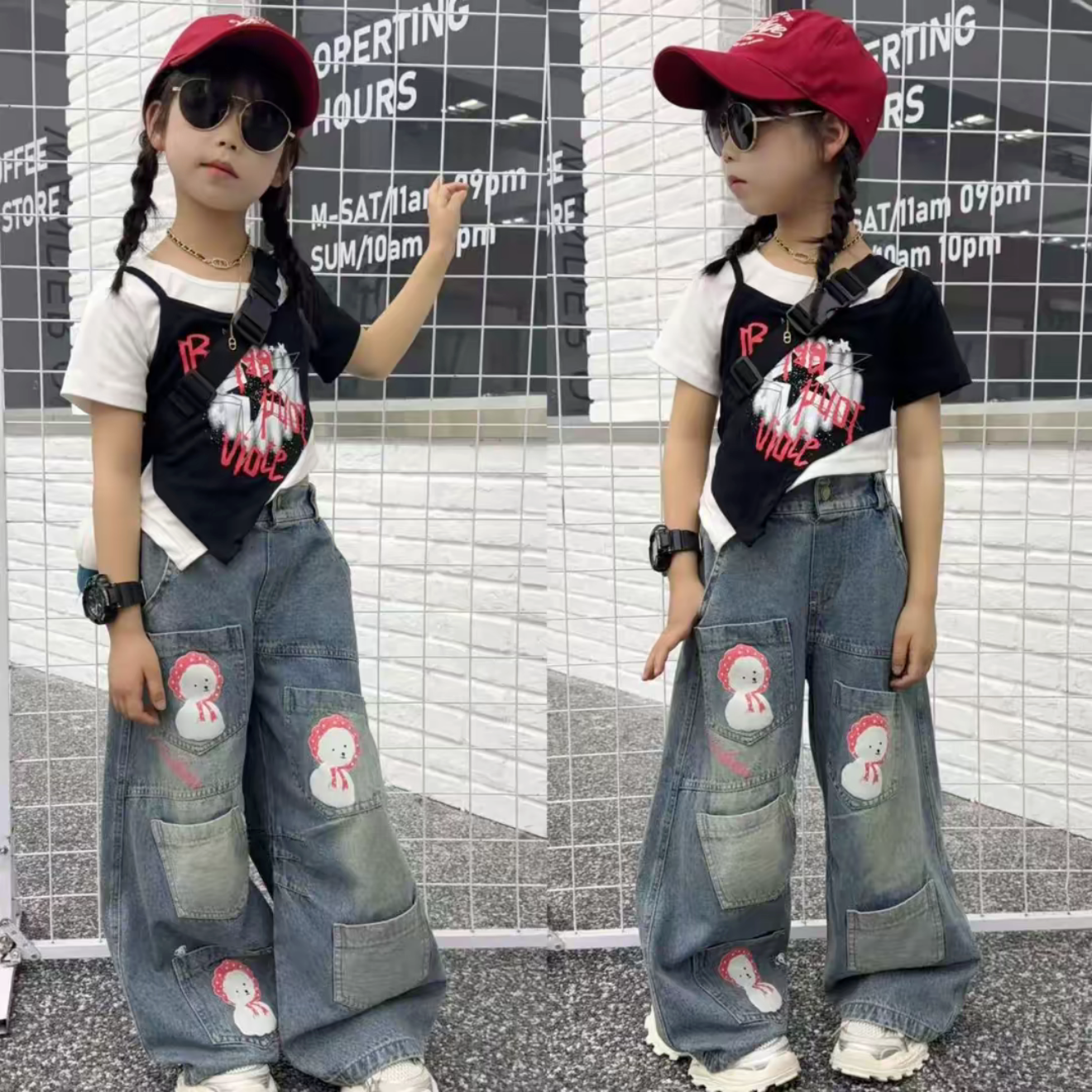 女童星星印花短袖牛仔裤套装