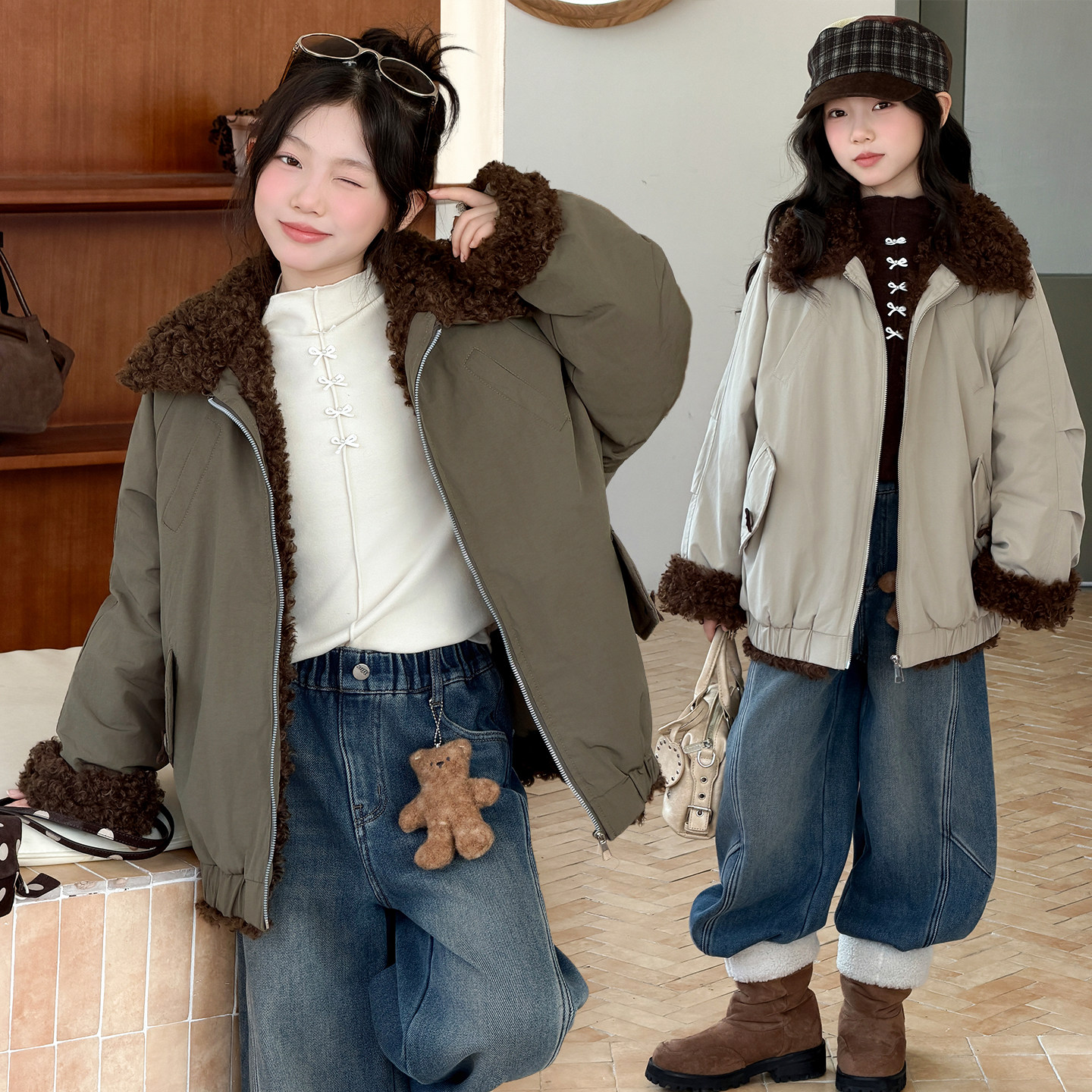 女童复古羊卷毛毛领休闲派克棉服
