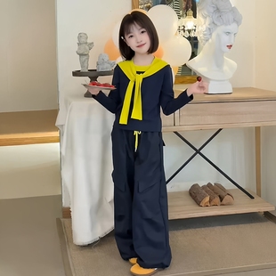 早秋韩系休闲穿搭女童带披肩撞色圆领长袖T恤运动工装裤洋气套装