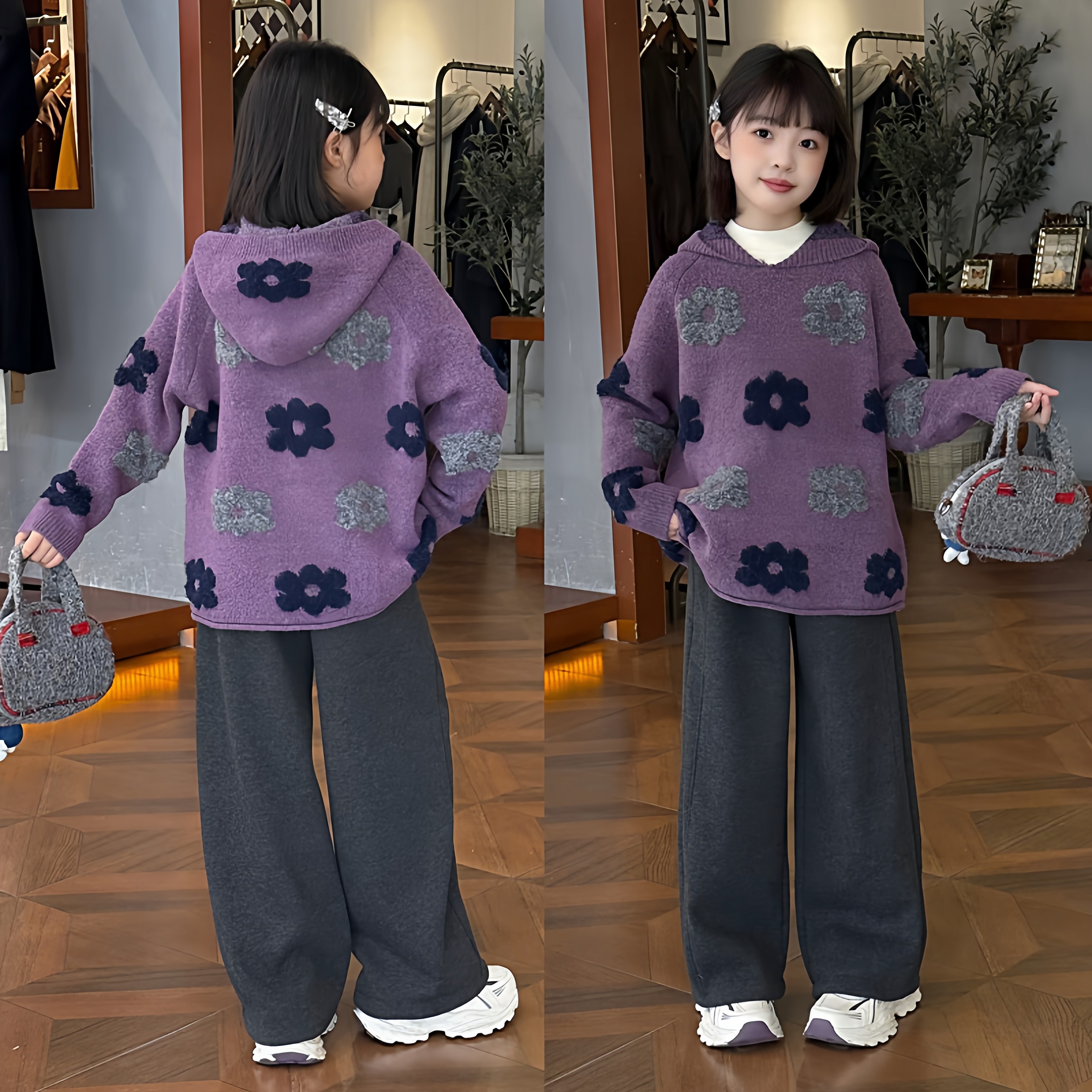 紫色花朵刺绣连帽加厚毛衣女童秋冬2025年慵懒风防羊绒加绒阔腿裤
