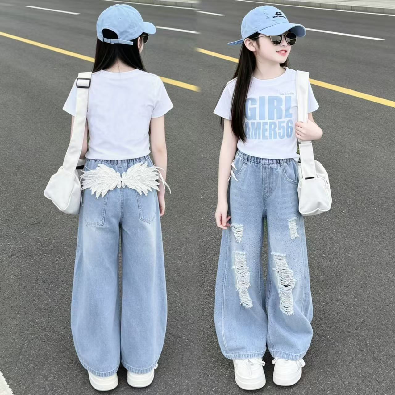 女童字母短袖烫钻破洞直筒裤套装